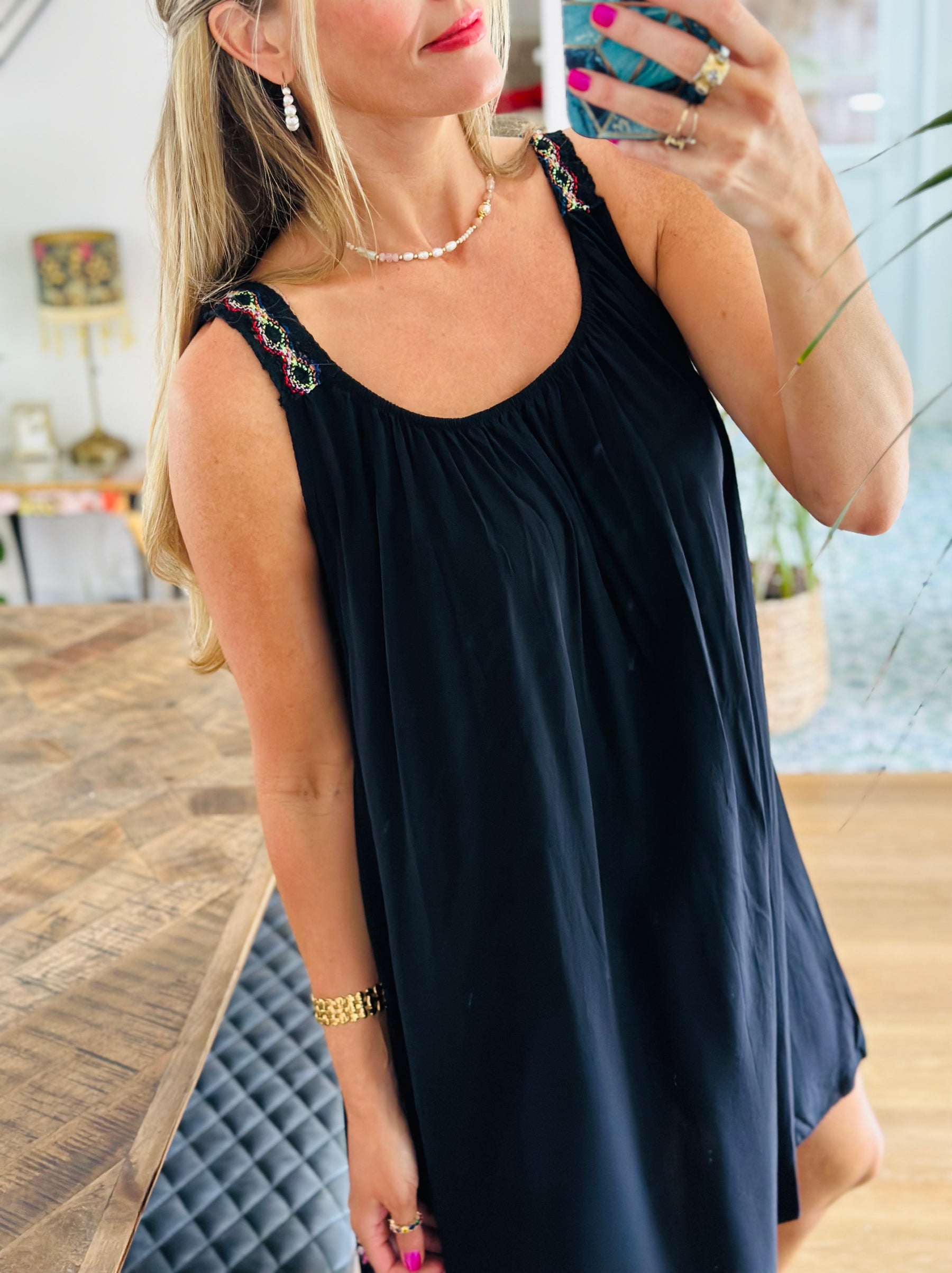 Embroidery strap mini dress