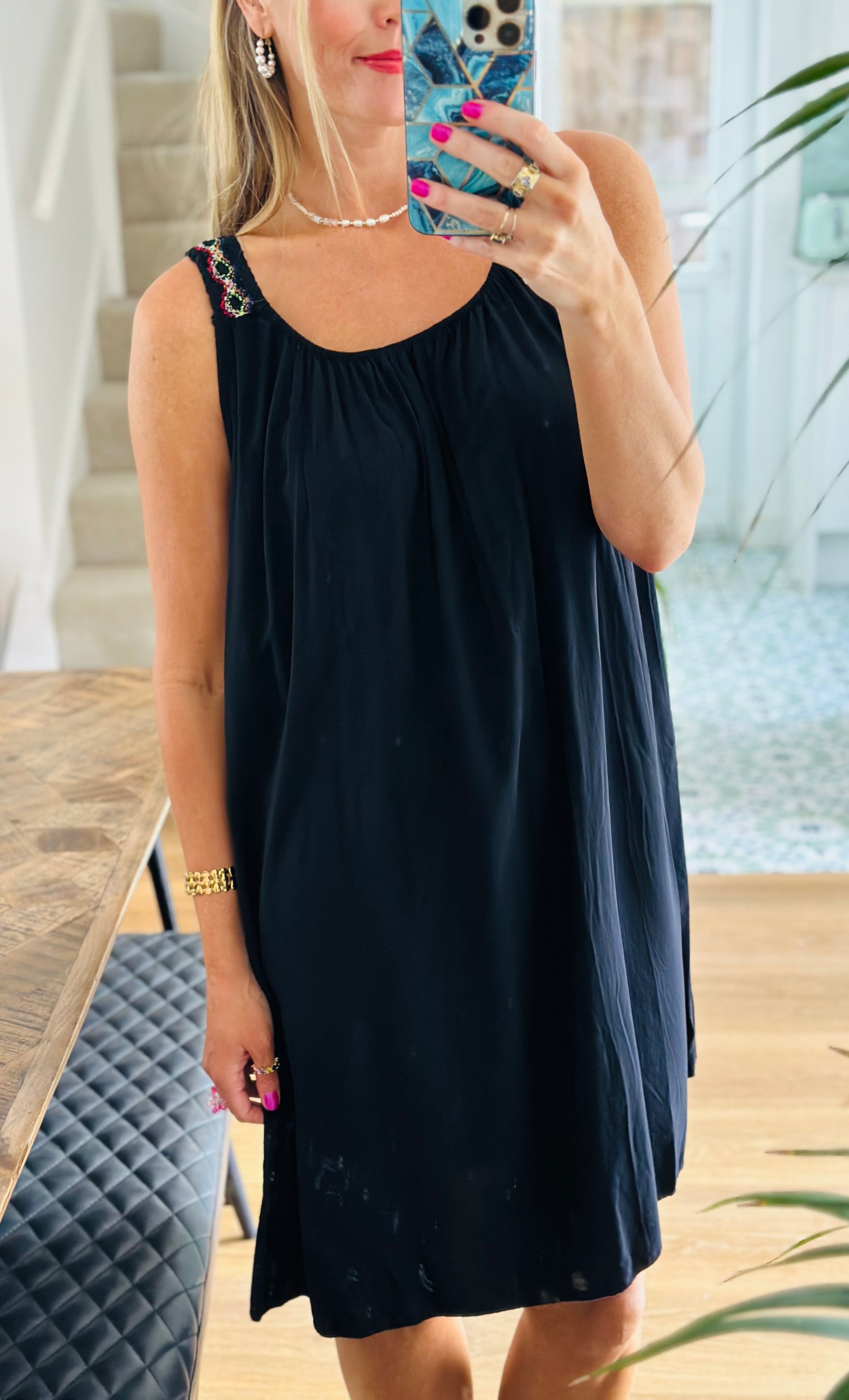 Embroidery strap mini dress