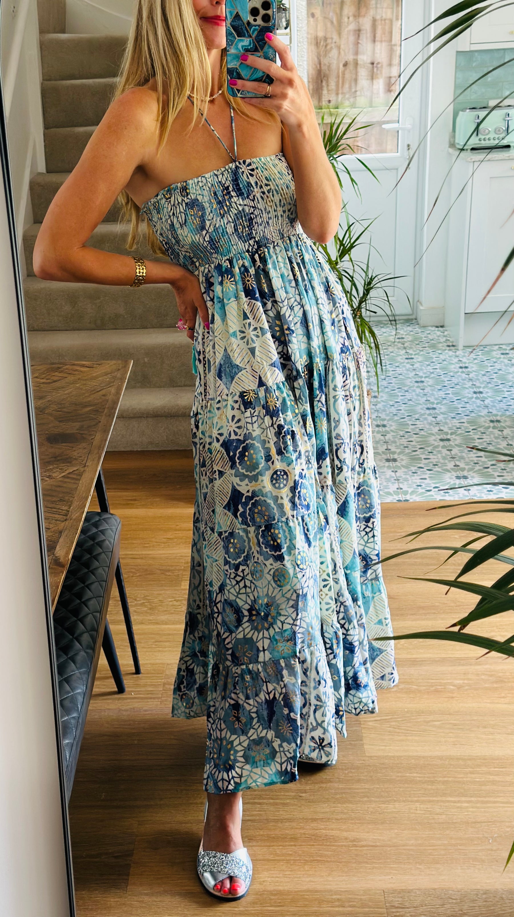 Blue Bandeau Printed Maxi Dress