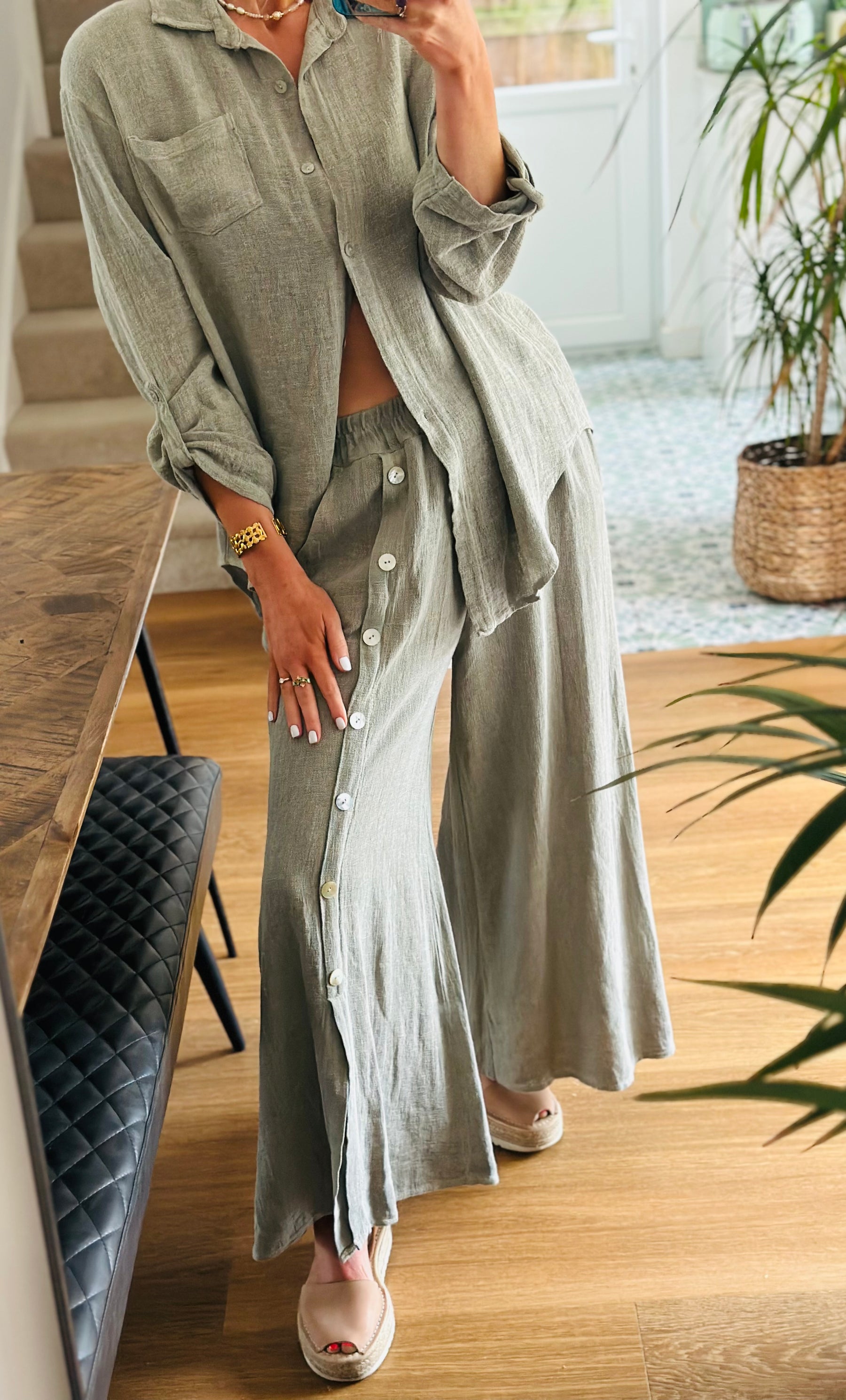 Linen Button Detail Trousers