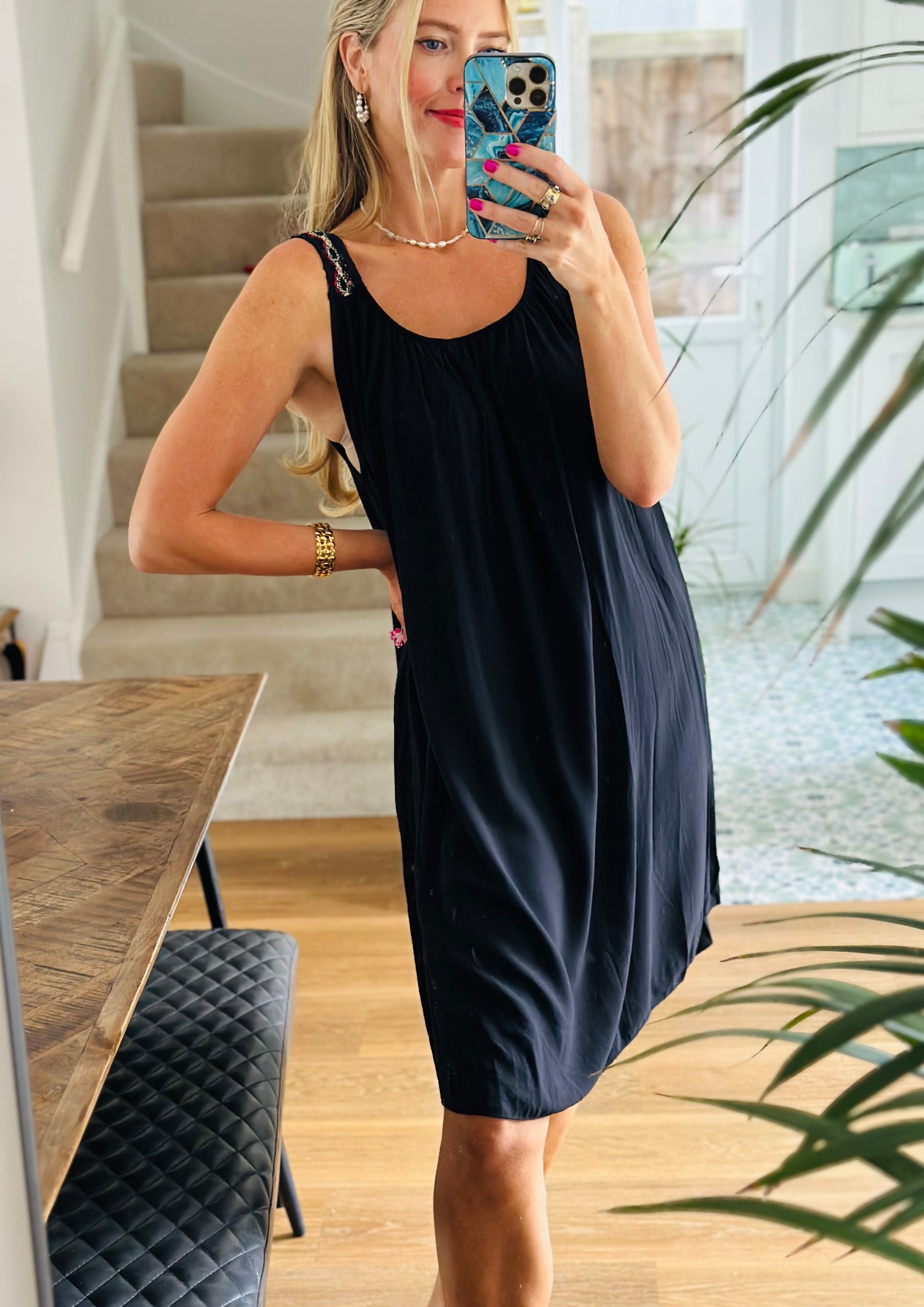 Embroidery strap mini dress