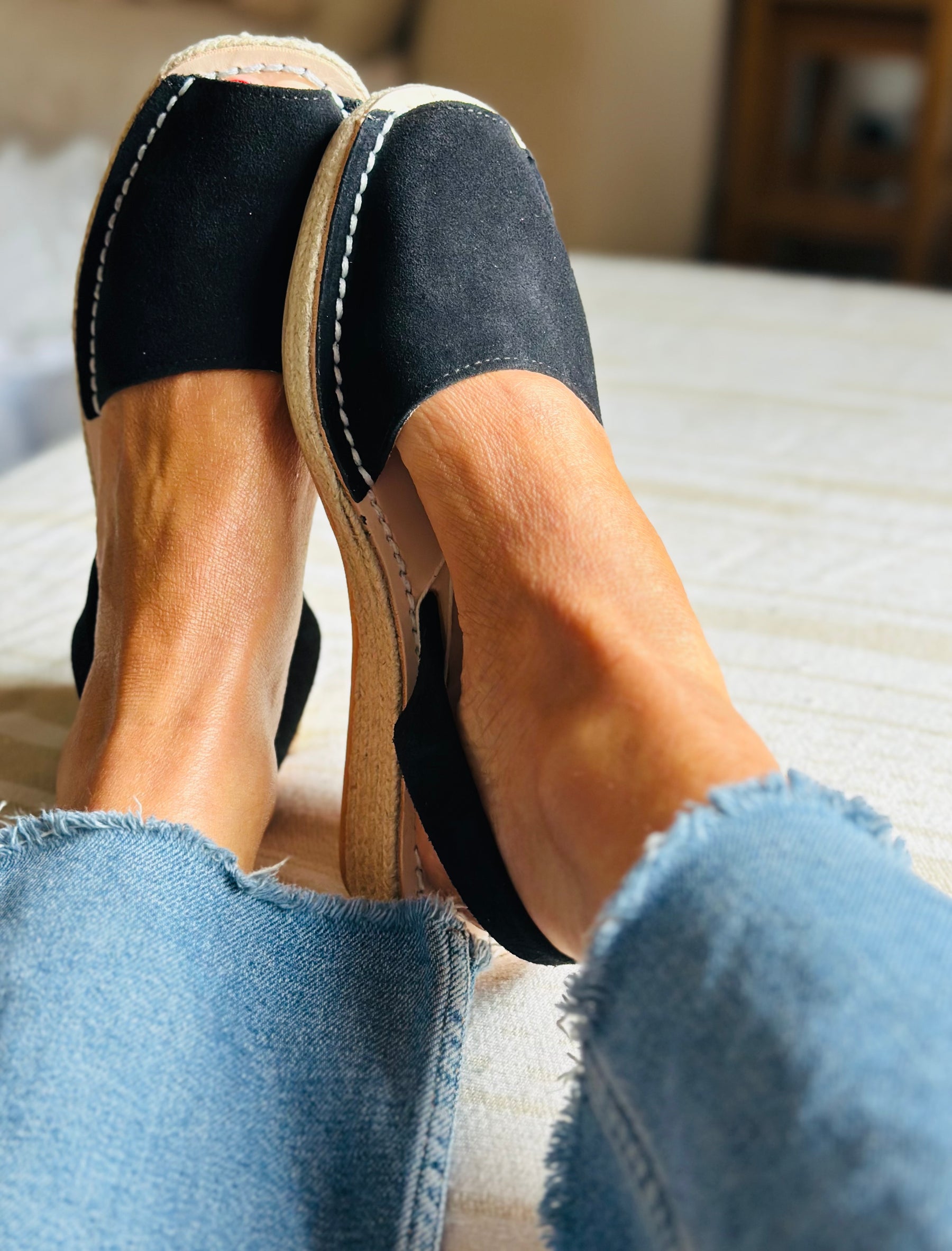 Black Suede Low Espadrille Wedge