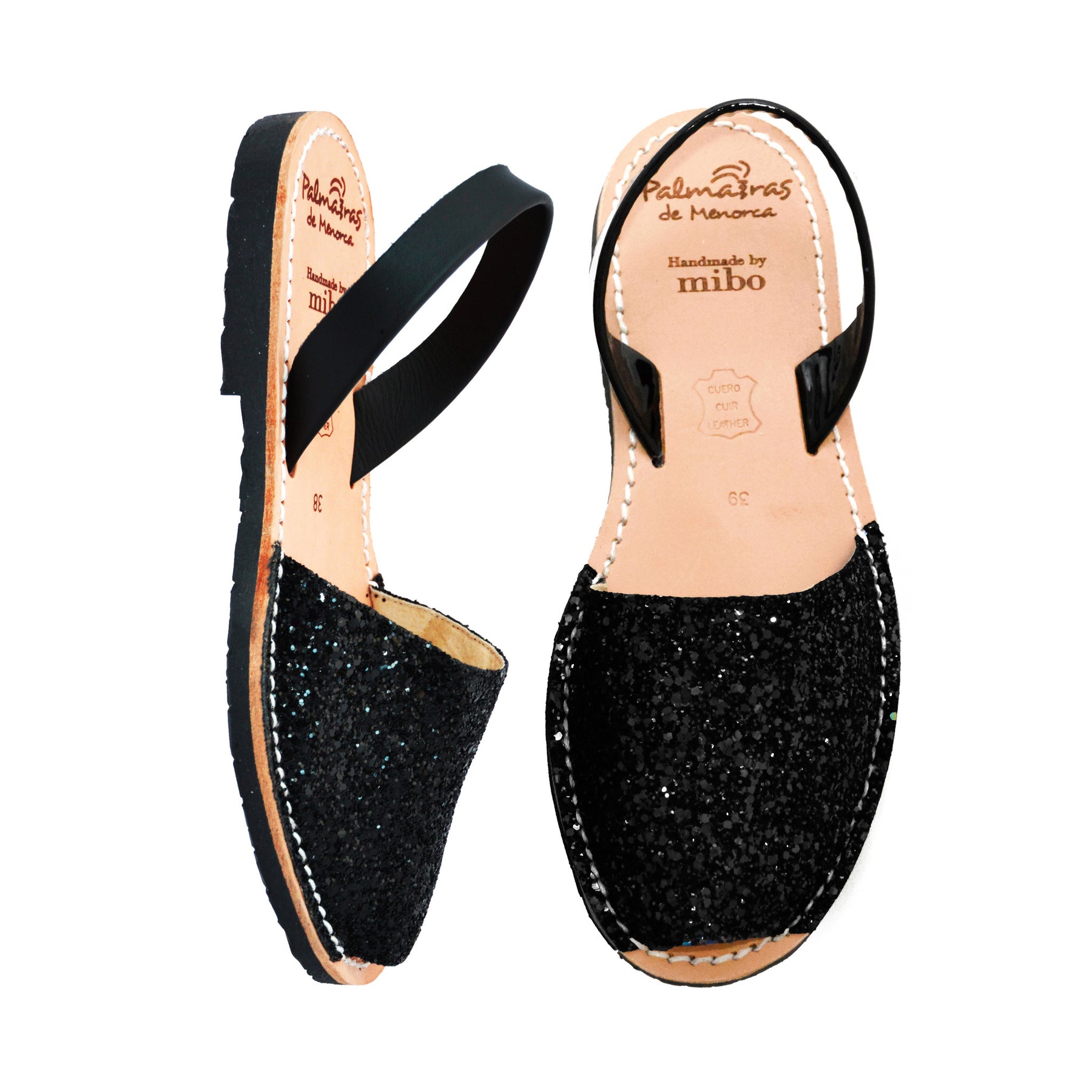 black glitter spanish menorcan avarcas sandals