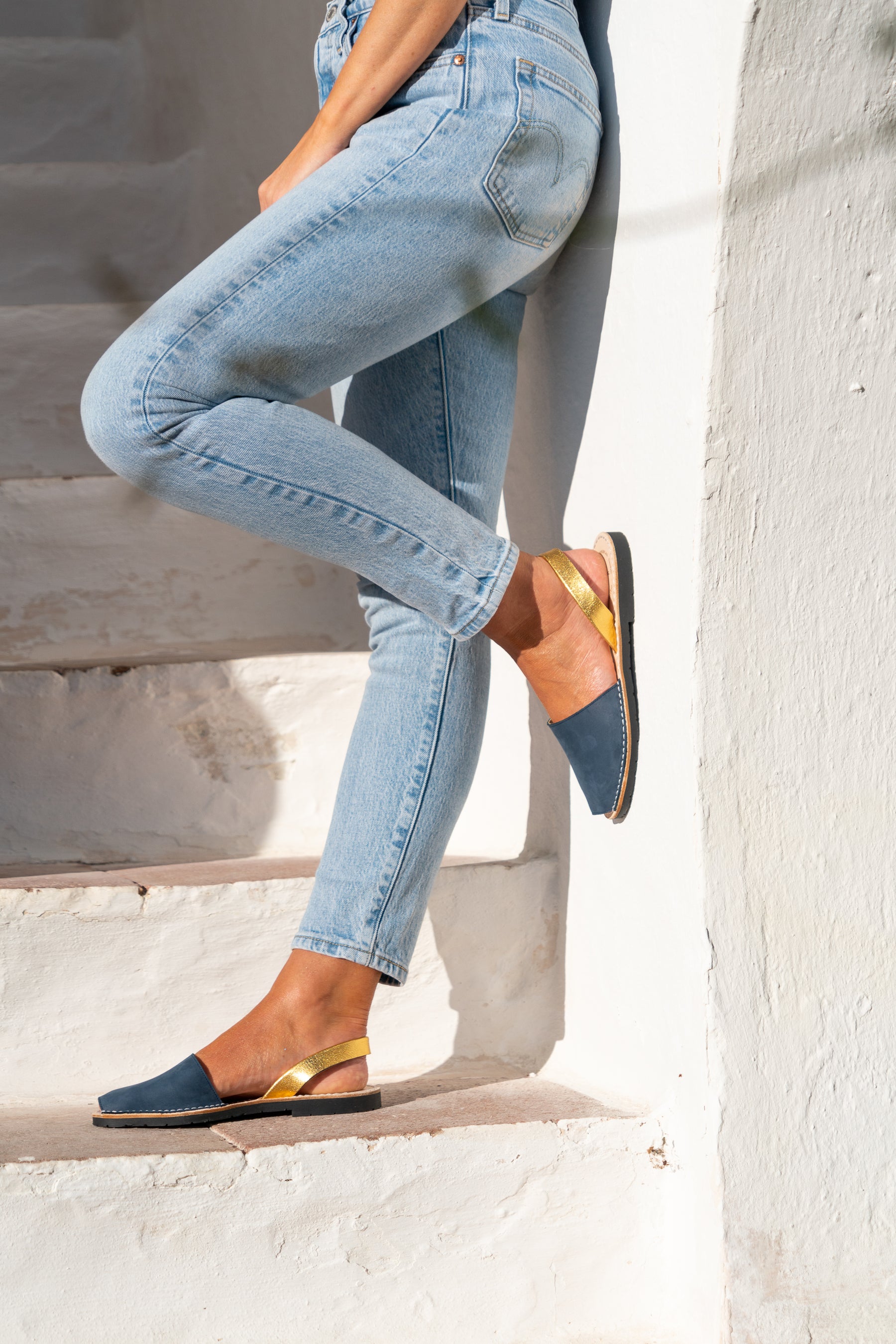 Navy nubuck leather with a gold heel strap Spanish Menorcan Avarcas slingback sandals