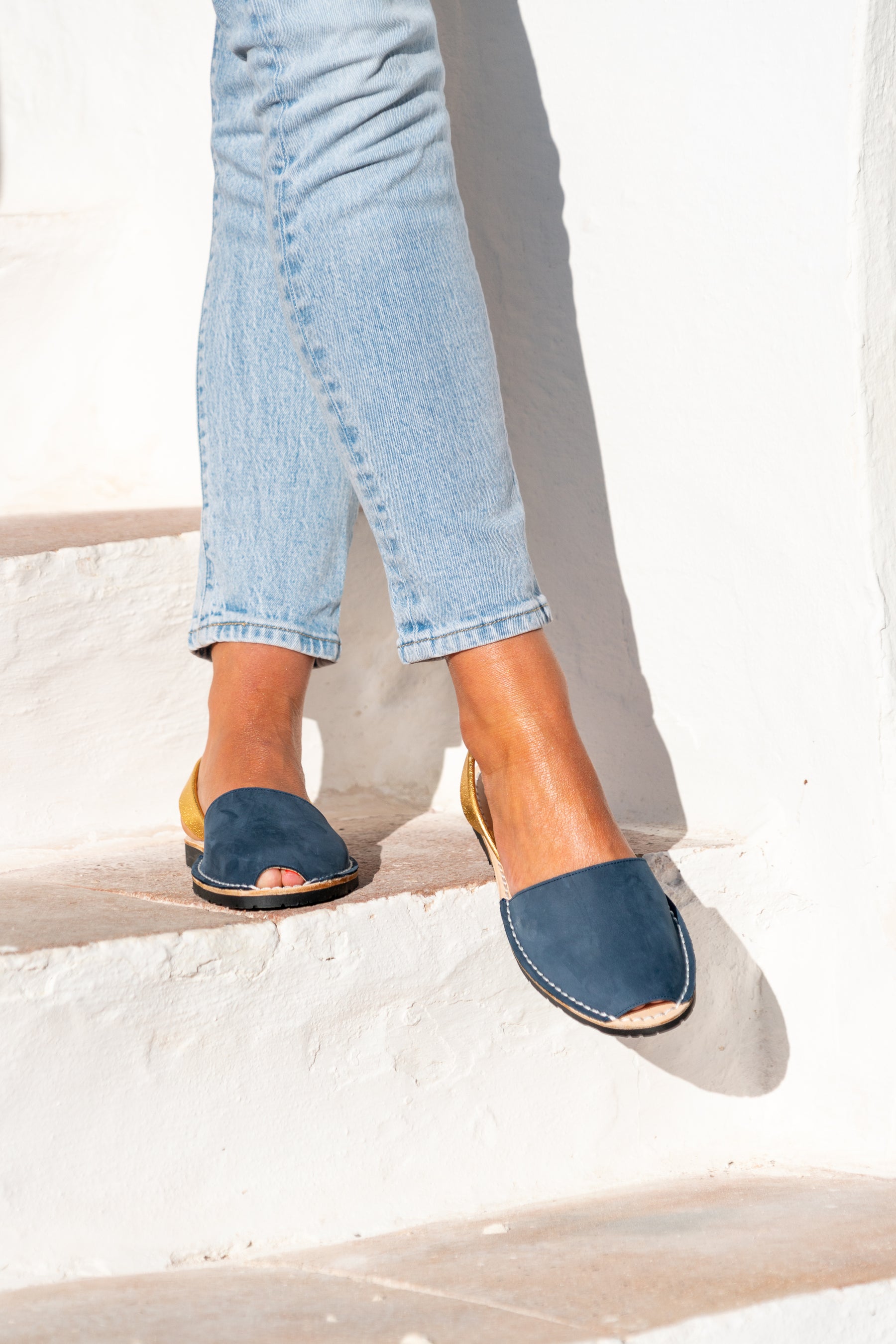 Navy nubuck leather with a gold heel strap Spanish Menorcan Avarcas slingback sandals