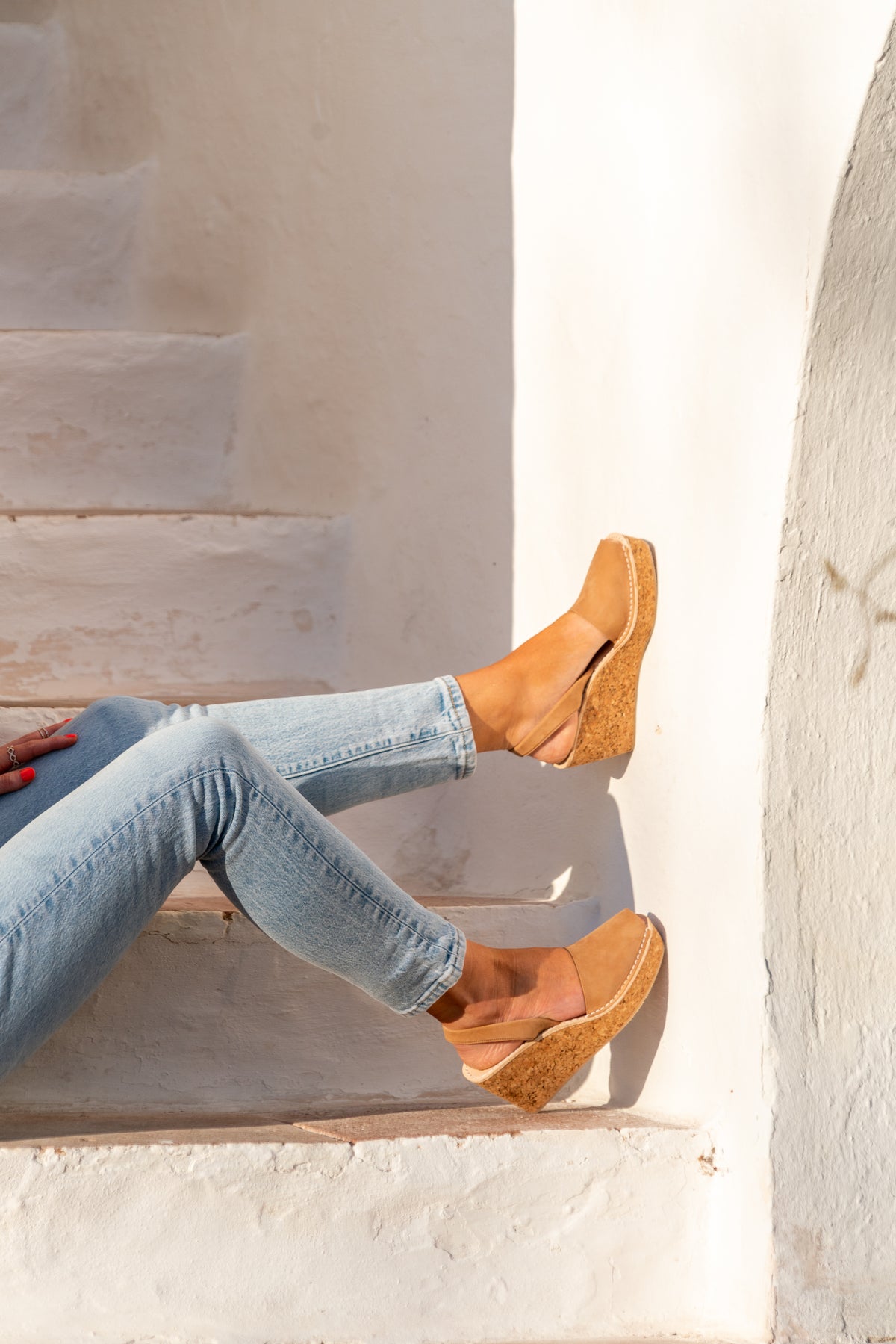 Tan nubuck leather mid height avarca slingback cork wedges