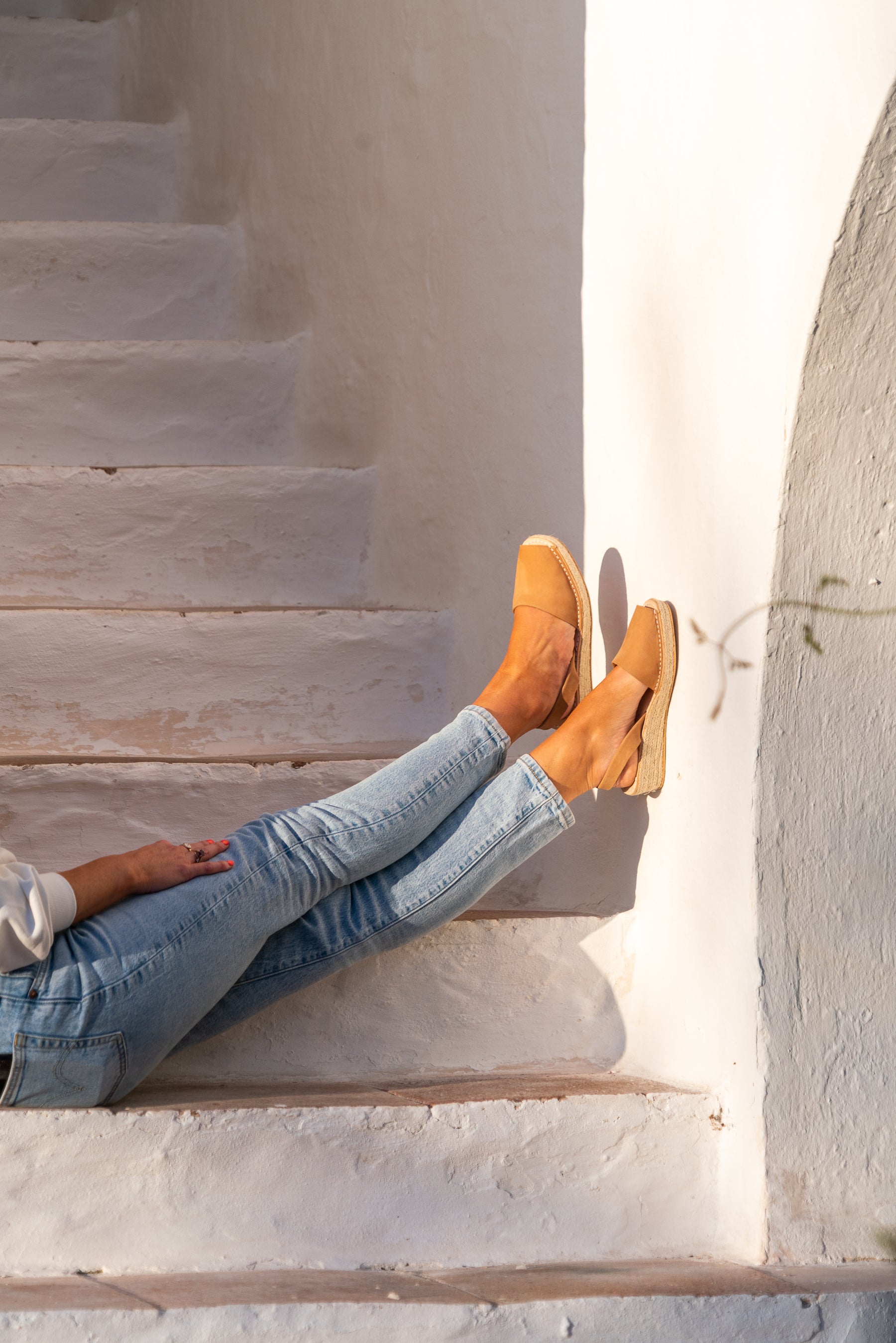 Tan nubuck leather low espadrille wedge spanish avarca style sandals