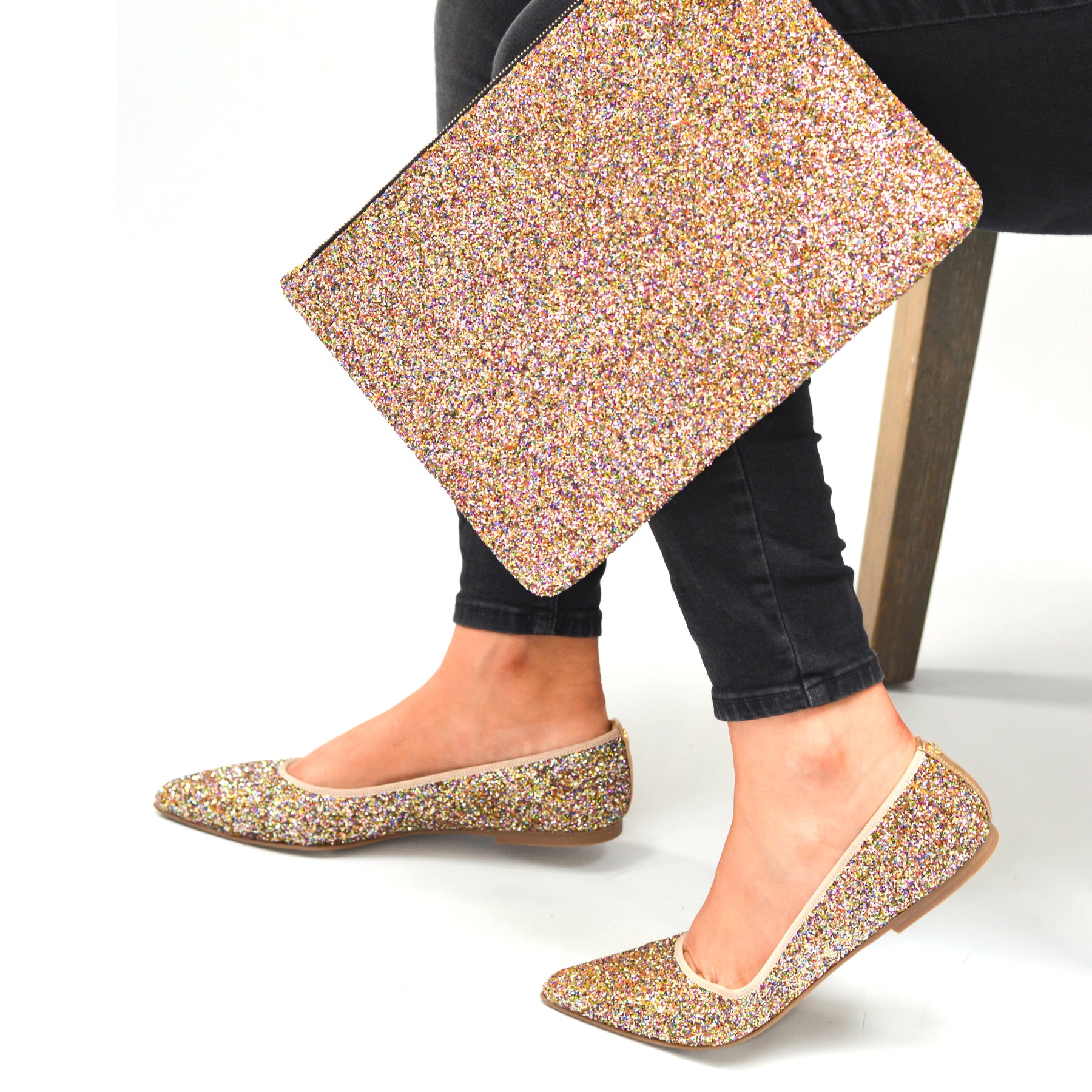 multi rainbow glitter leather lined ballet pump flat shoes.