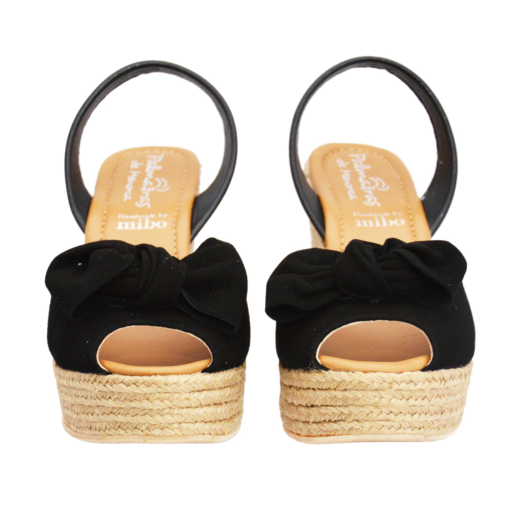 Mid Height Espadrille Wedge Avarca Slingback Sandals in Black Suede with Bow Embellishment