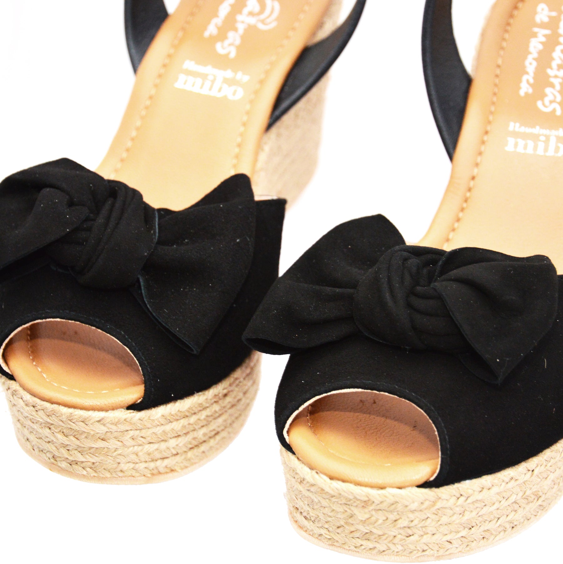 Mid Height Espadrille Wedge Avarca Slingback Sandals in Black Suede with Bow Embellishment