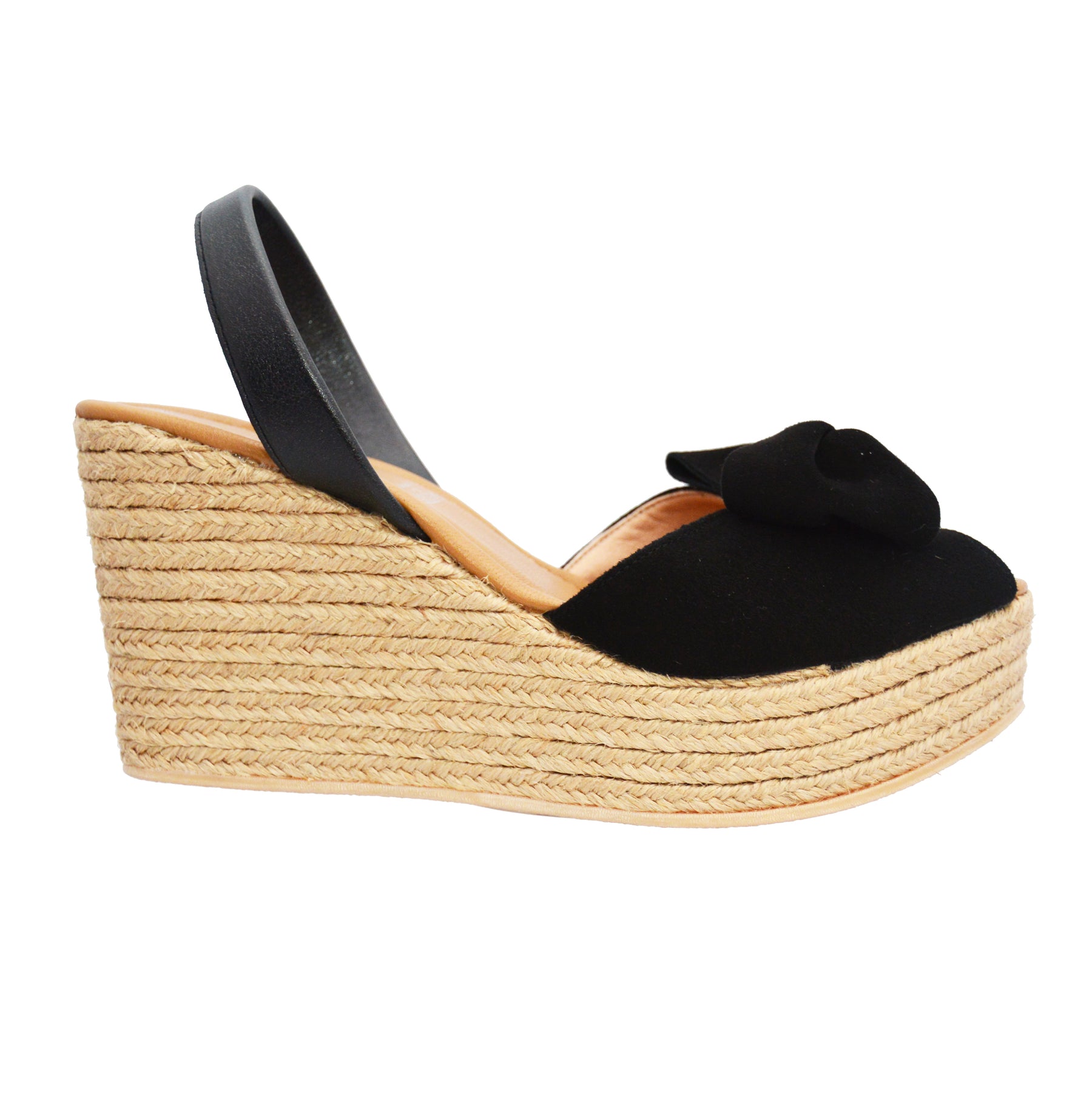 Mid Height Espadrille Wedge Avarca Slingback Sandals in Black Suede with Bow Embellishment