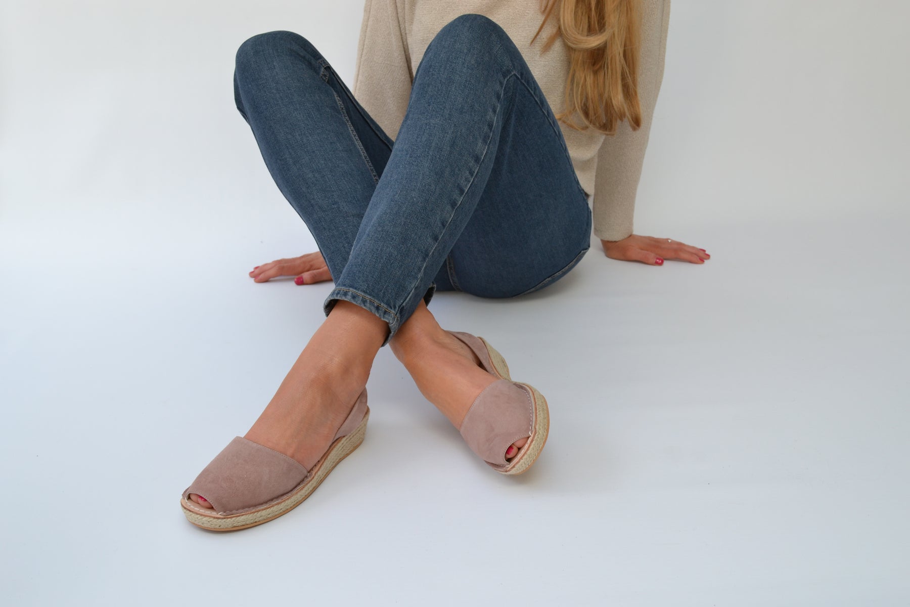 Mink suede leather pale pink low espadrille avarca wedge