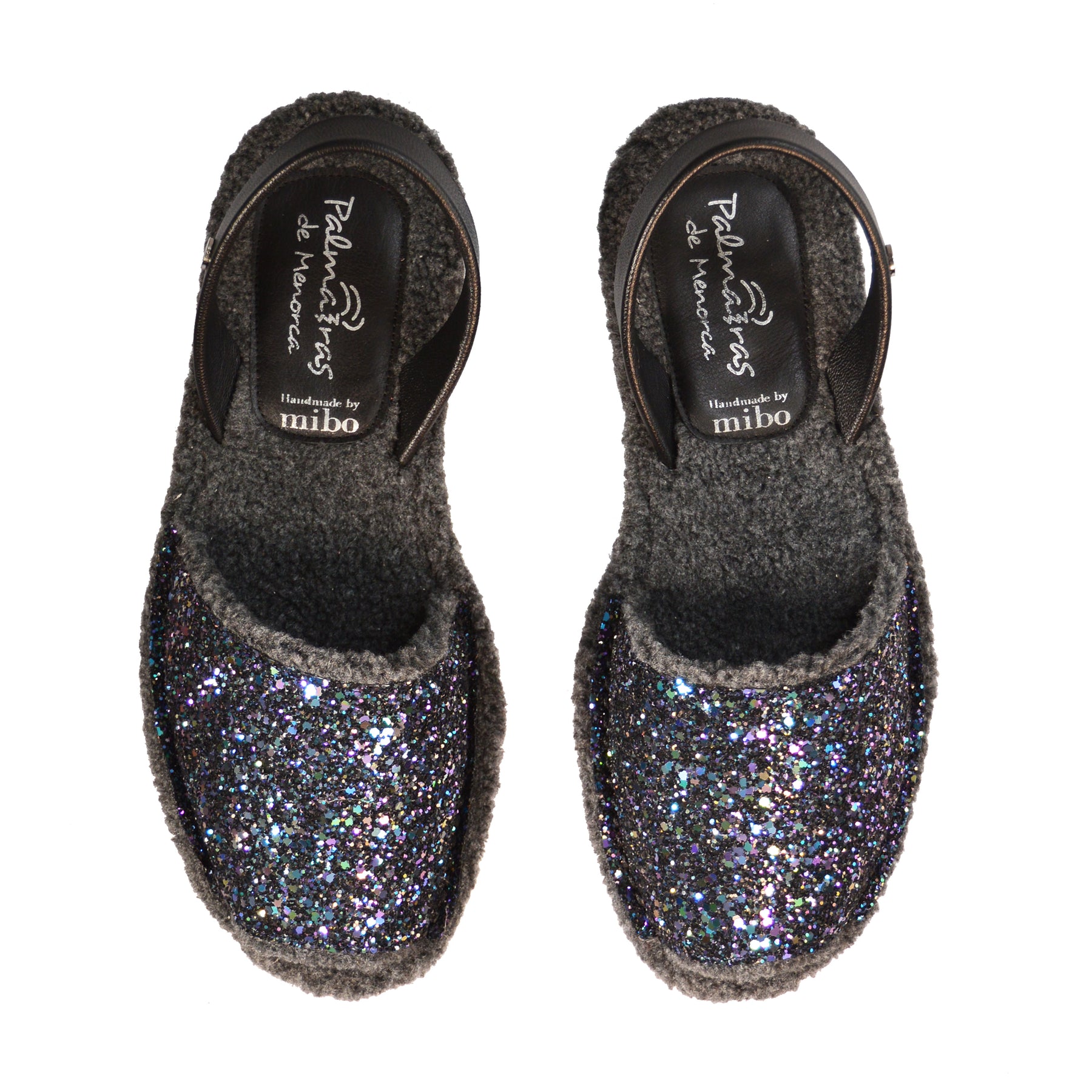 dark multi coloured glitter wool lined menorcan avarca slipper sandals