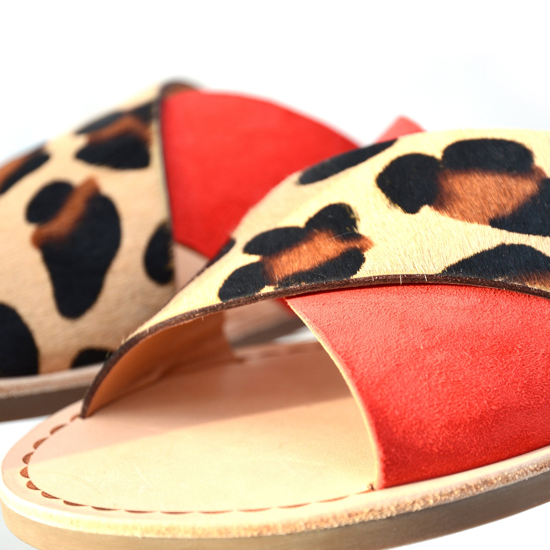 leopard print and red suede strappy crossover slider flat sandals