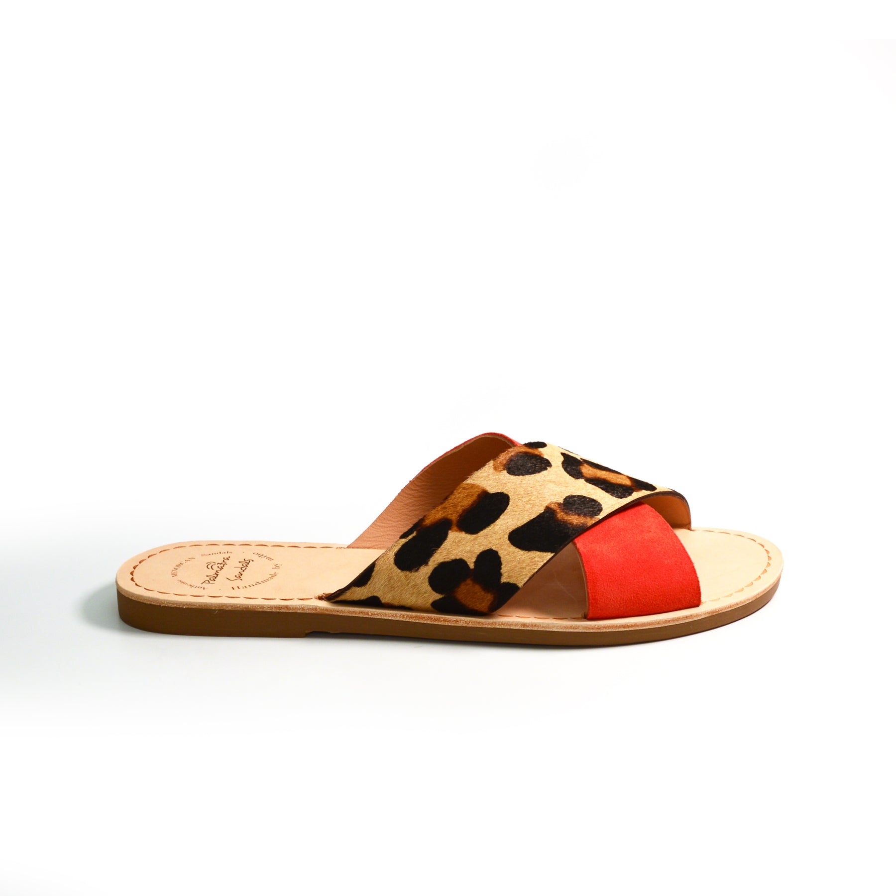 leopard print and red suede strappy crossover slider flat sandals