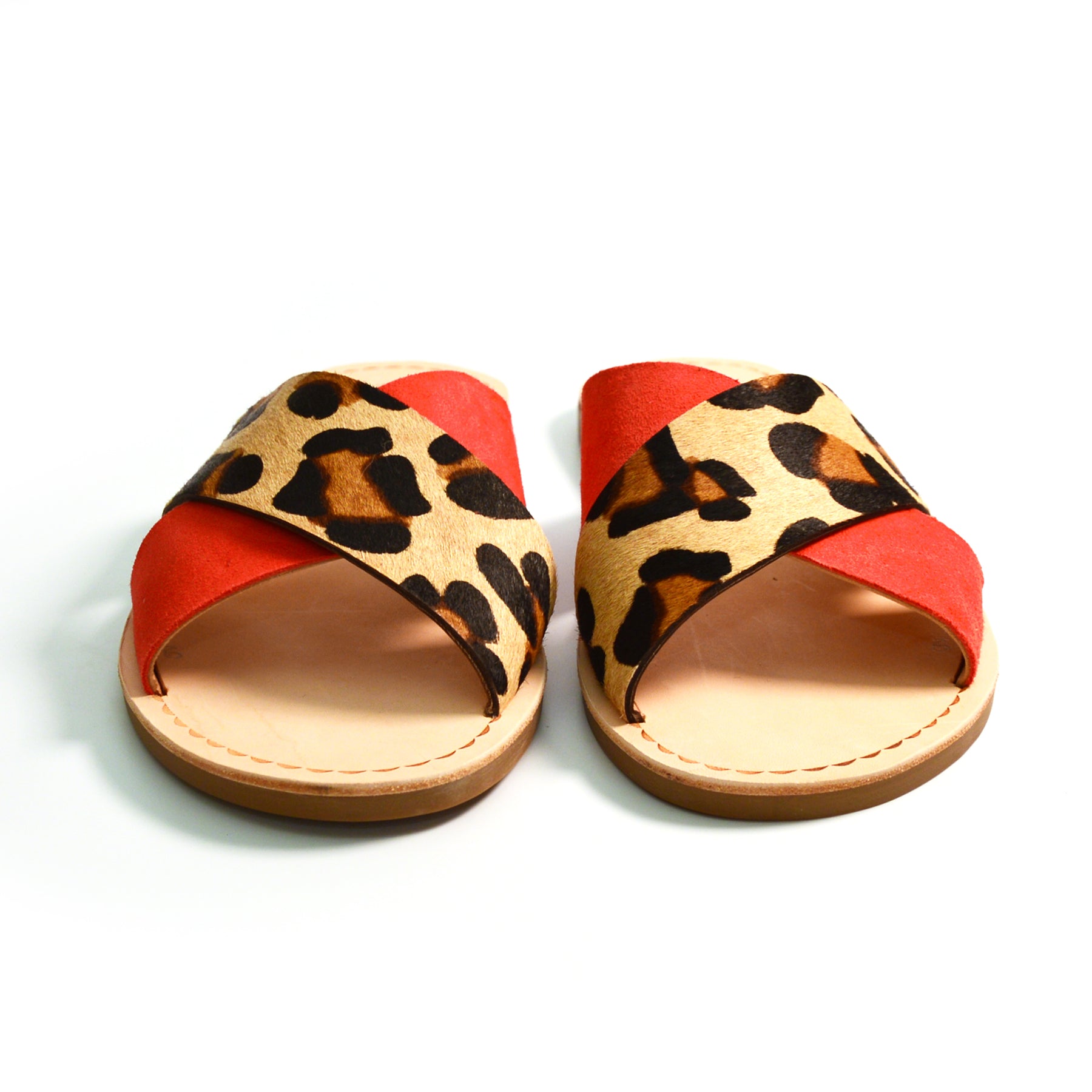 leopard print and red suede strappy crossover slider flat sandals