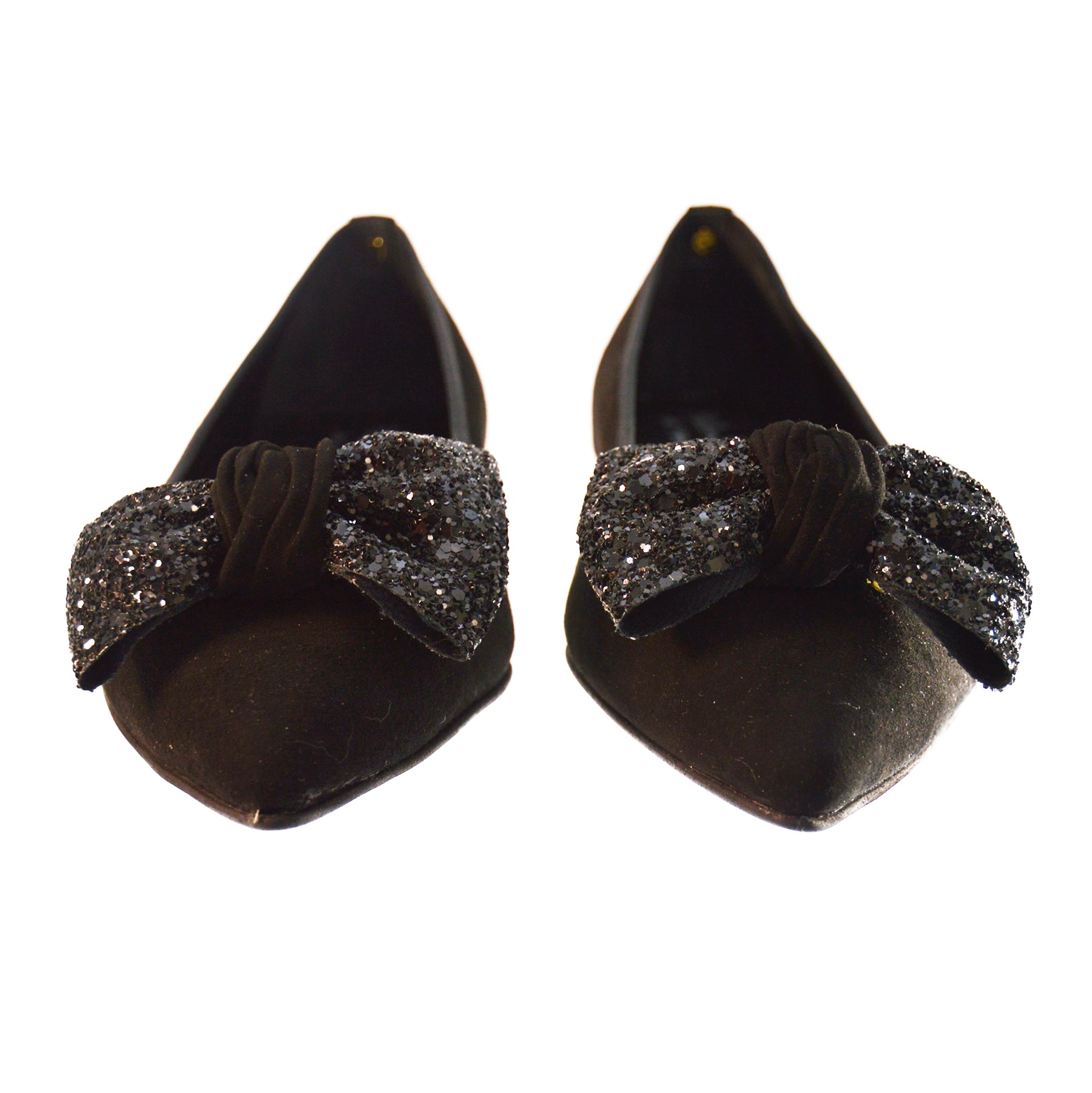 Black Suede Glitter Bow Flat Ballet Pumps