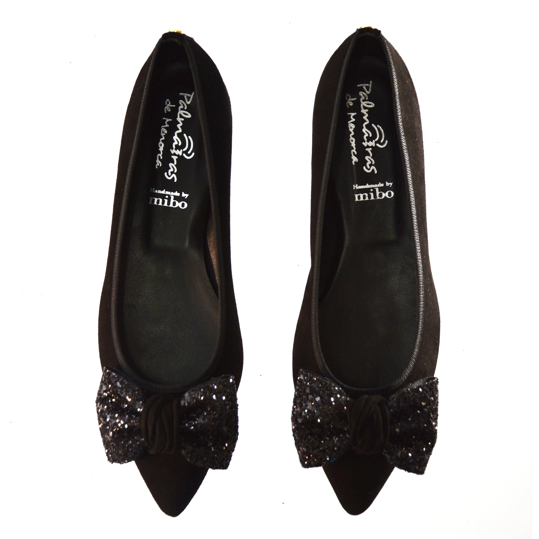 Black Suede Glitter Bow Flat Ballet Pumps