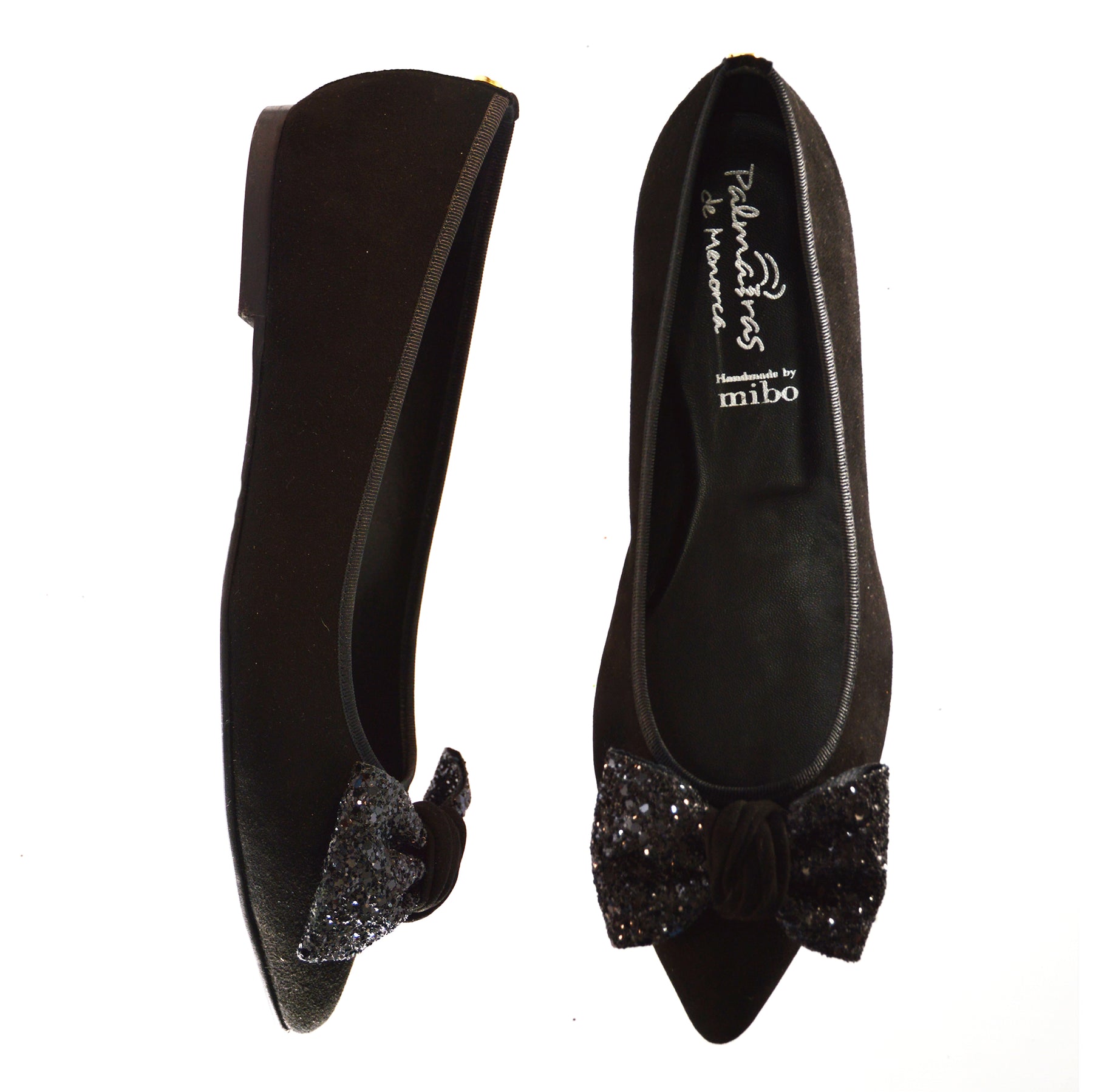 Black Suede Glitter Bow Flat Ballet Pumps