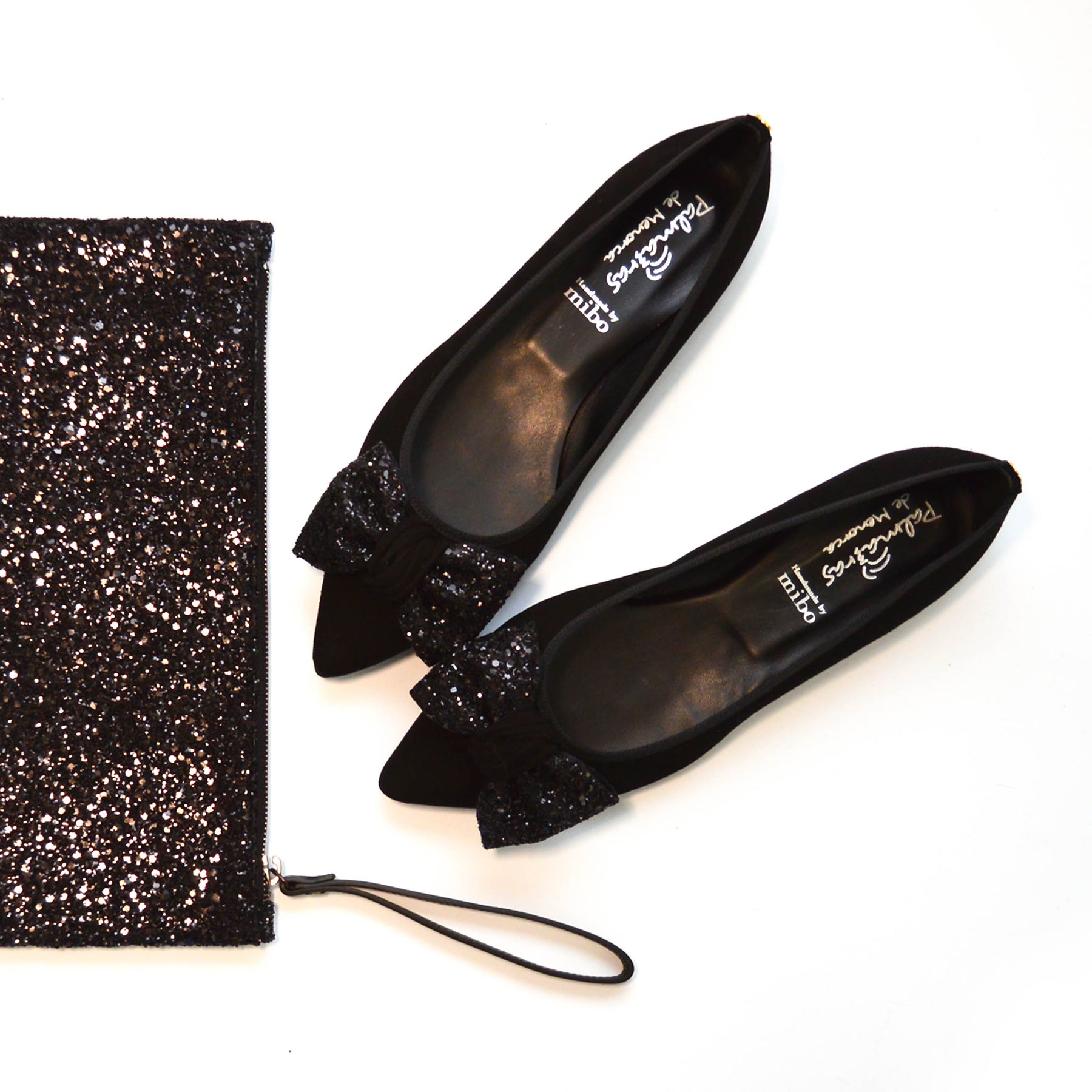 Black Suede Glitter Bow Flat Ballet Pumps