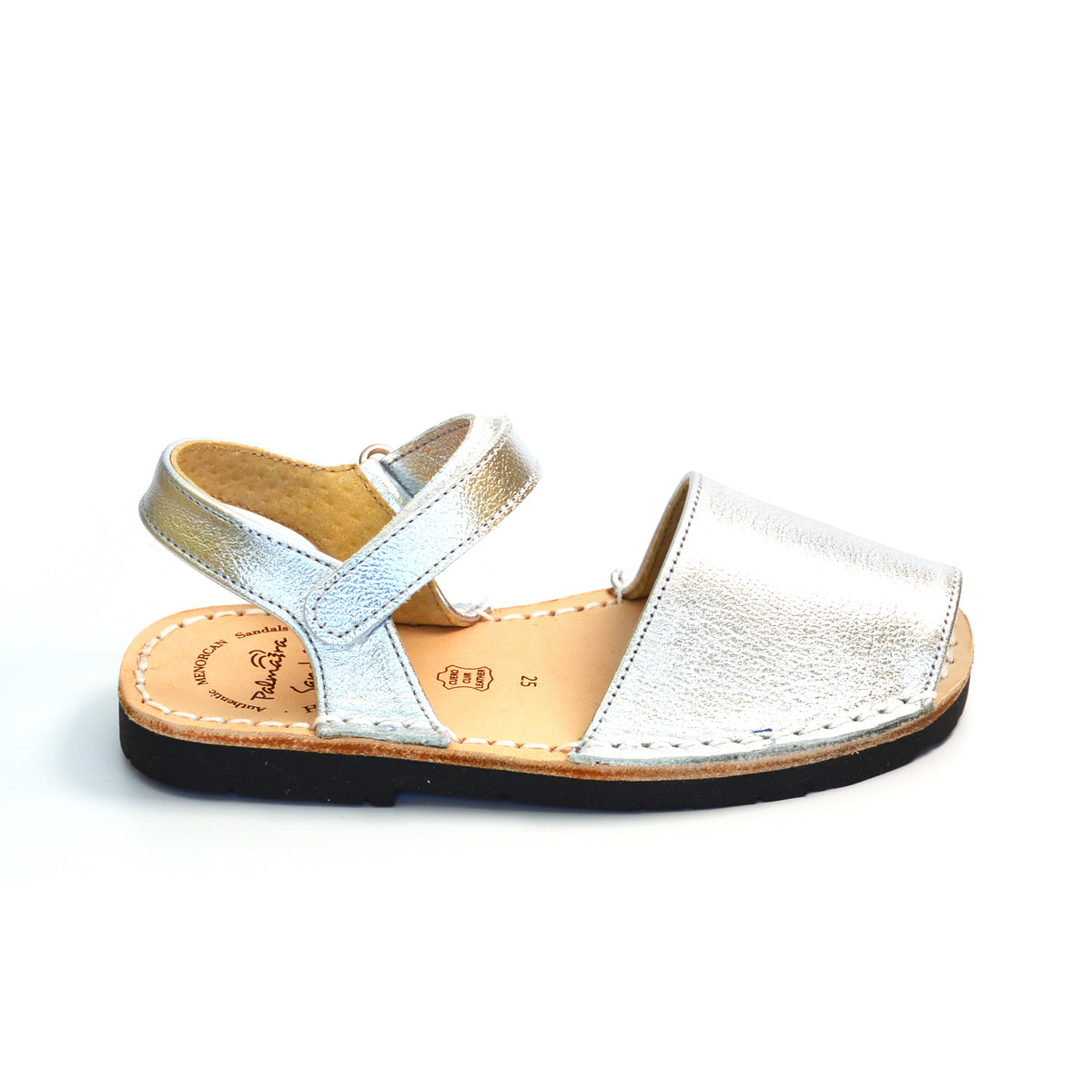 Soft silver leather kids hook and loop Spanish Menorcan avarcas sandals