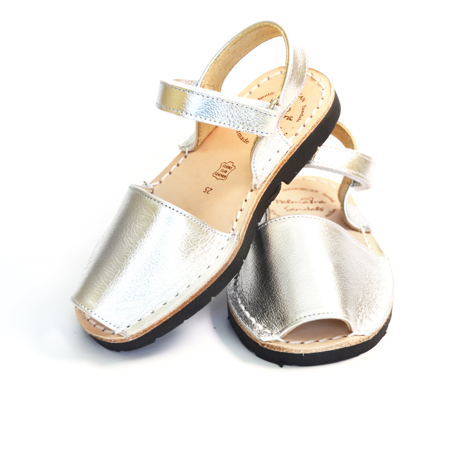 Soft silver leather kids hook and loop Spanish Menorcan avarcas sandals