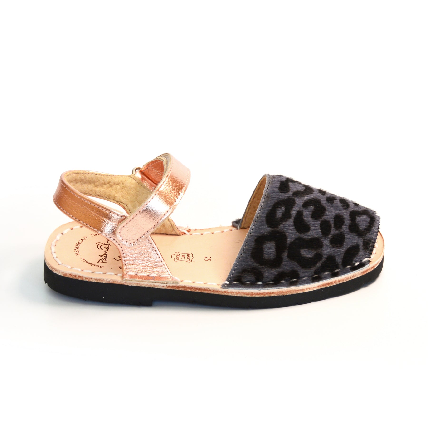 grey leopard print rose gold kids hook and loop spanish menorcan avarcas velcro sandals