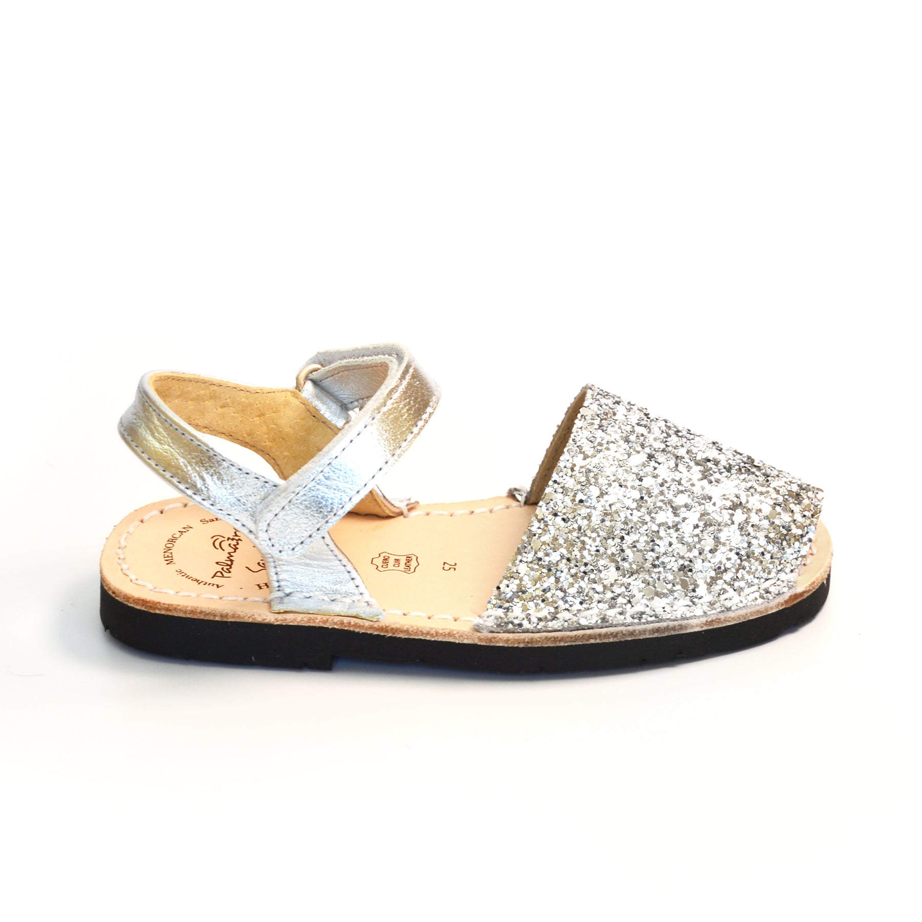 Silver glitter hook and loop kids spanish menorcan avarcas sandals