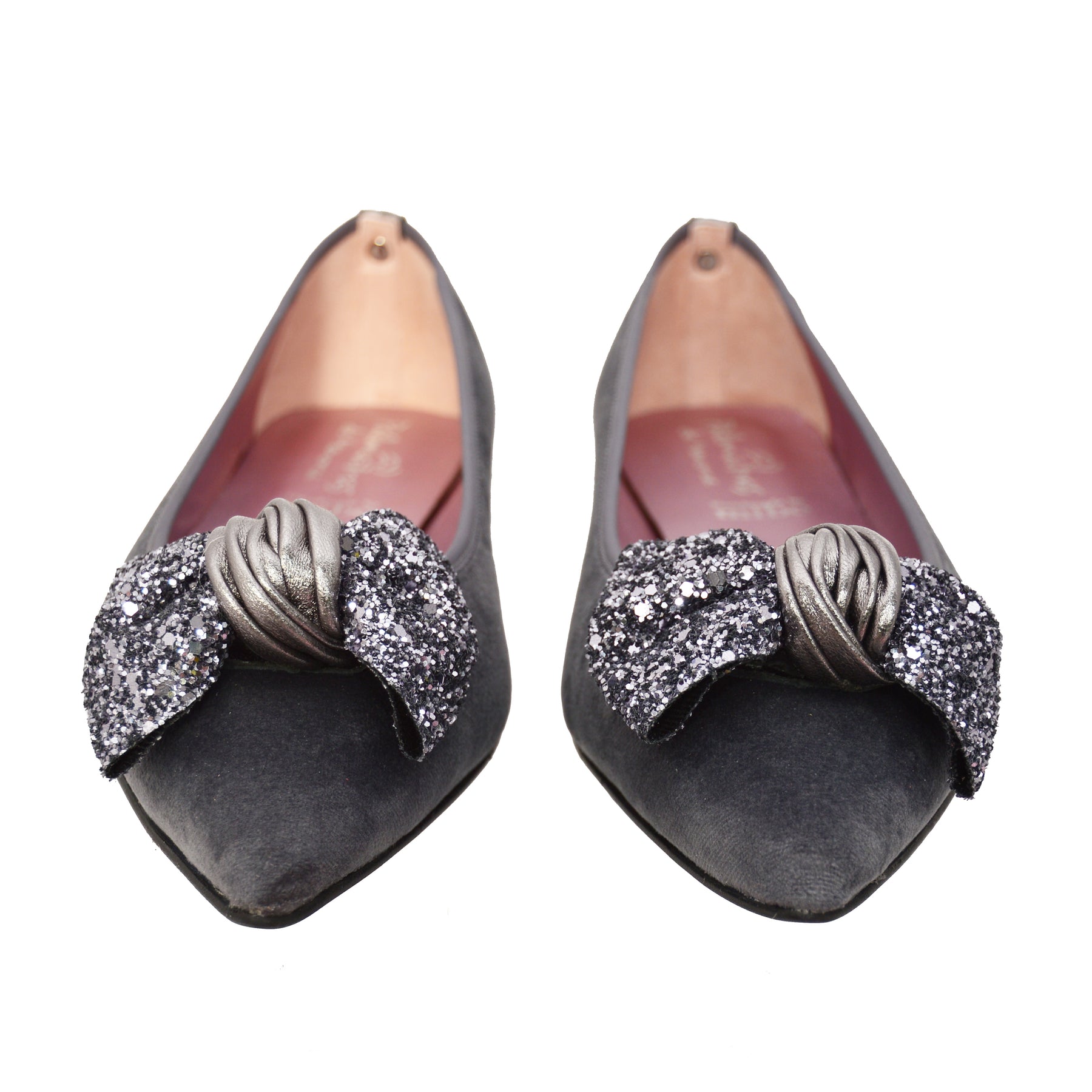 grey velvet ballet pumps with grey glitter bow and pink leather lining flat shoes