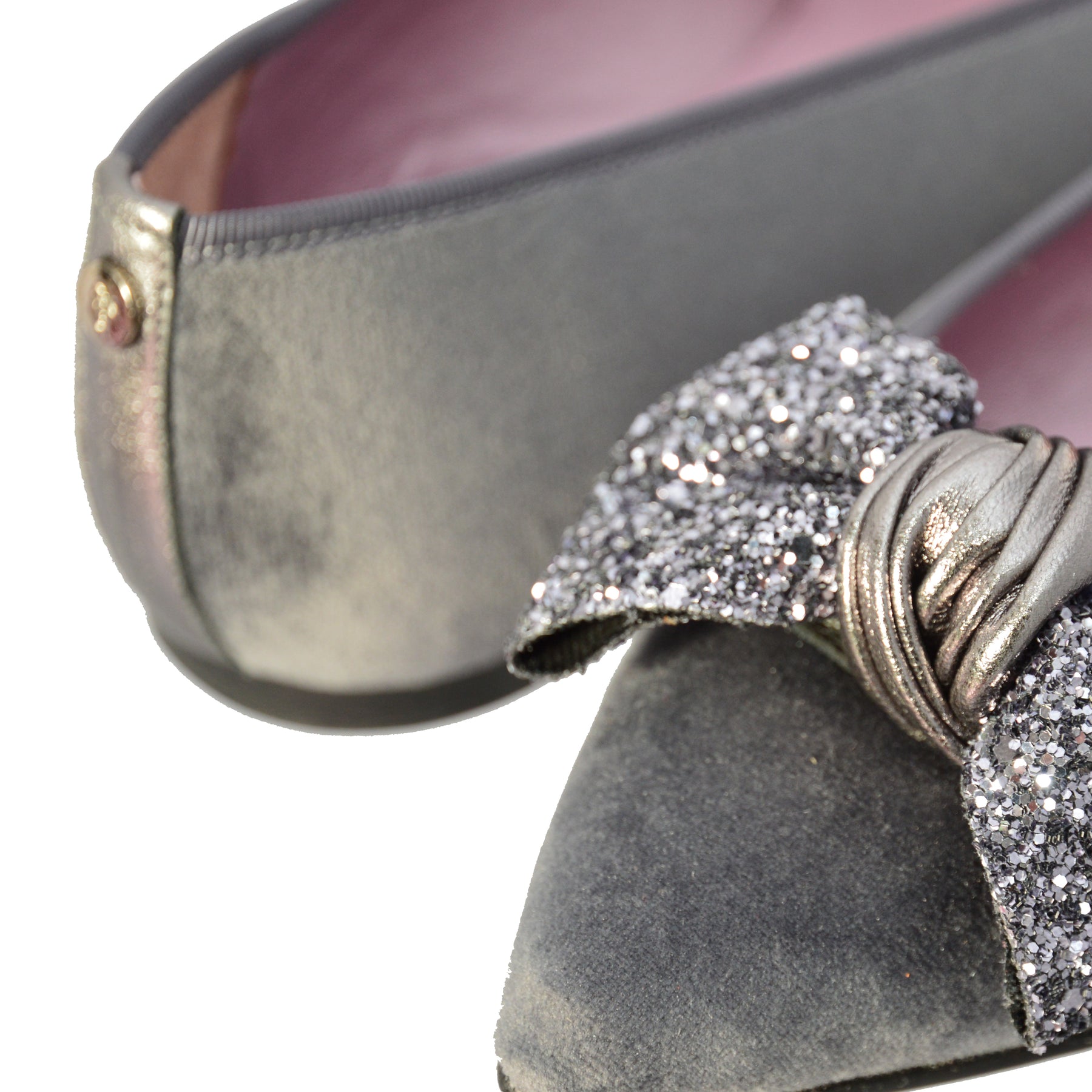 grey velvet ballet pumps with grey glitter bow and pink leather lining flat shoes