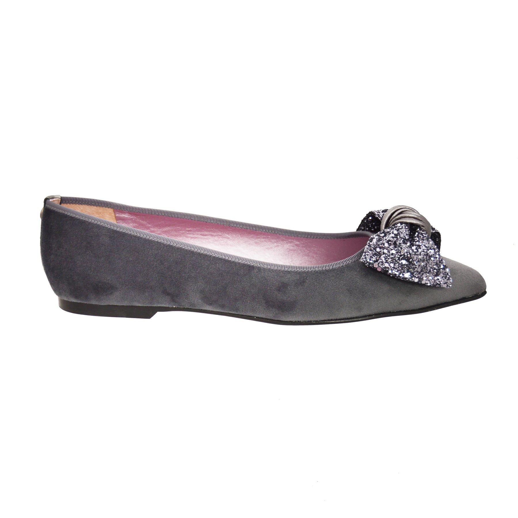 grey velvet ballet pumps with grey glitter bow and pink leather lining flat shoes