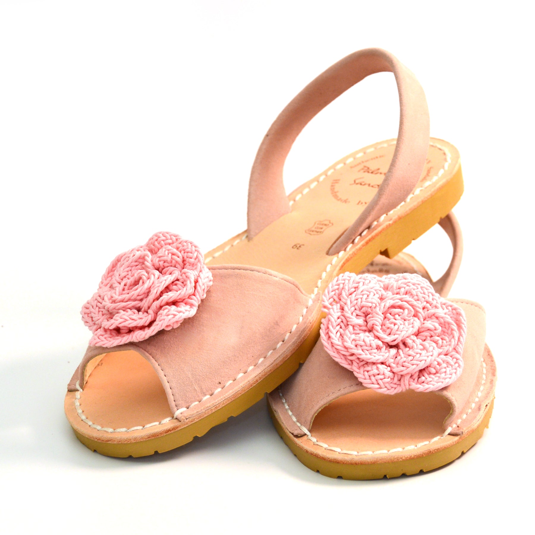 pale pink suede peeptoe slingback with flower embellishment avarcas menorcan sandals