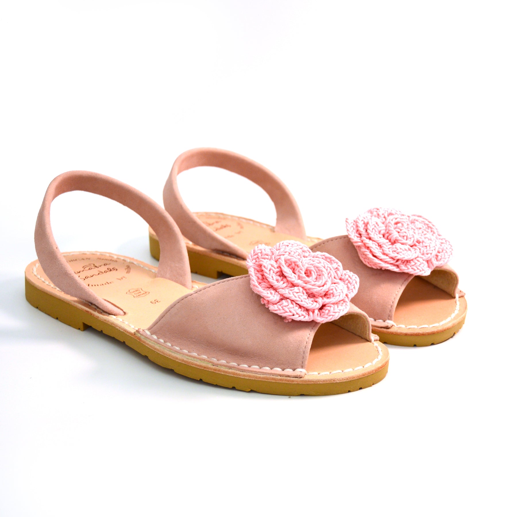 pale pink suede peeptoe slingback with flower embellishment avarcas menorcan sandals