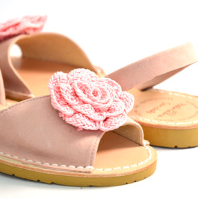 pale pink suede peeptoe slingback with flower embellishment avarcas menorcan sandals