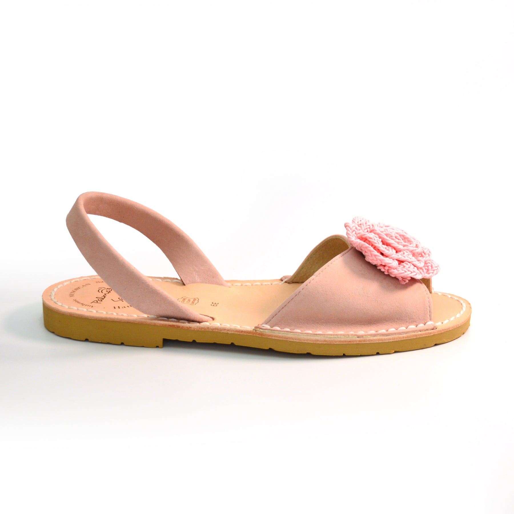 pale pink suede peeptoe slingback with flower embellishment avarcas menorcan sandals