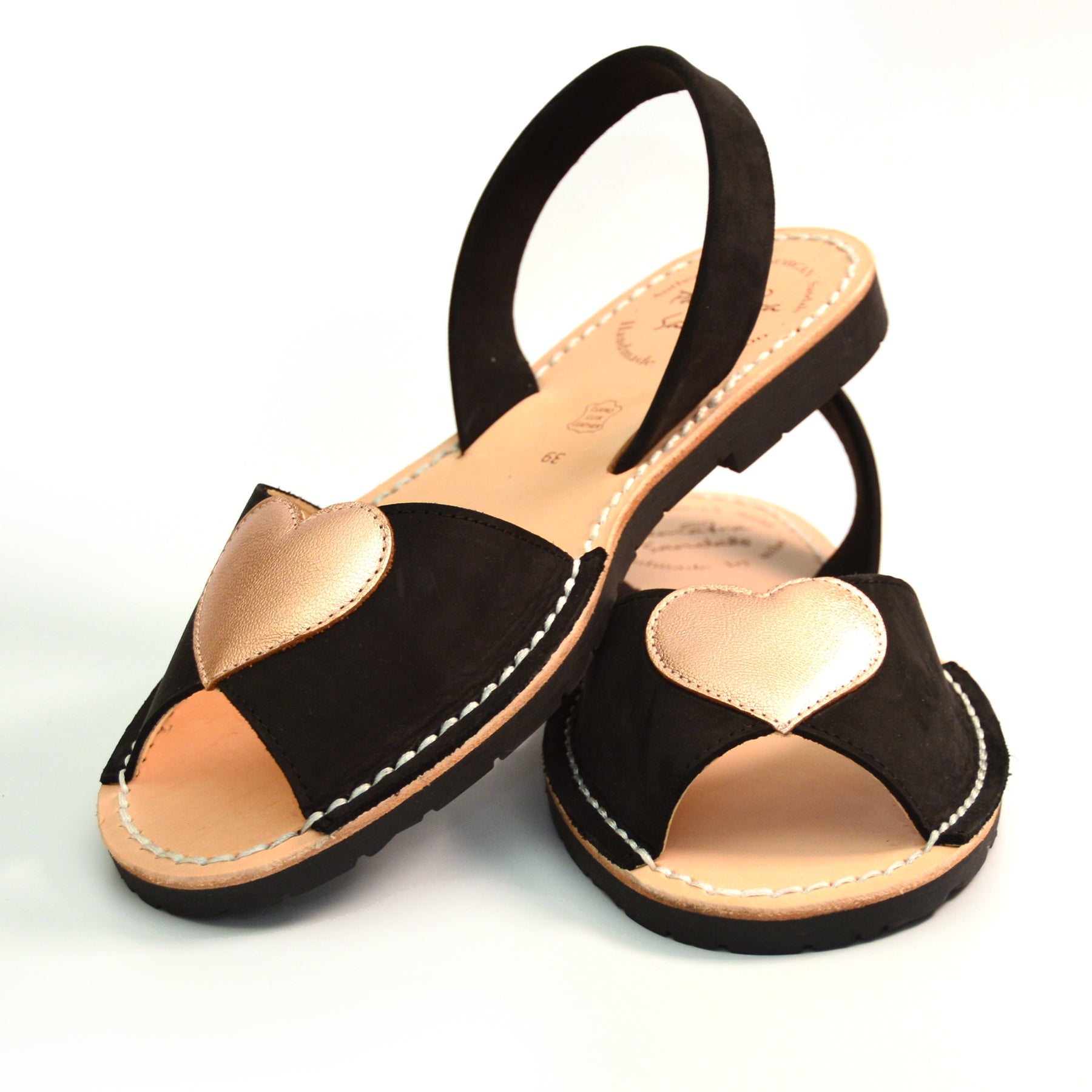 Black nubuck leather peeptoe menorcan avarca with rose gold metallic heart embellishment to upper and flexible rubber sole