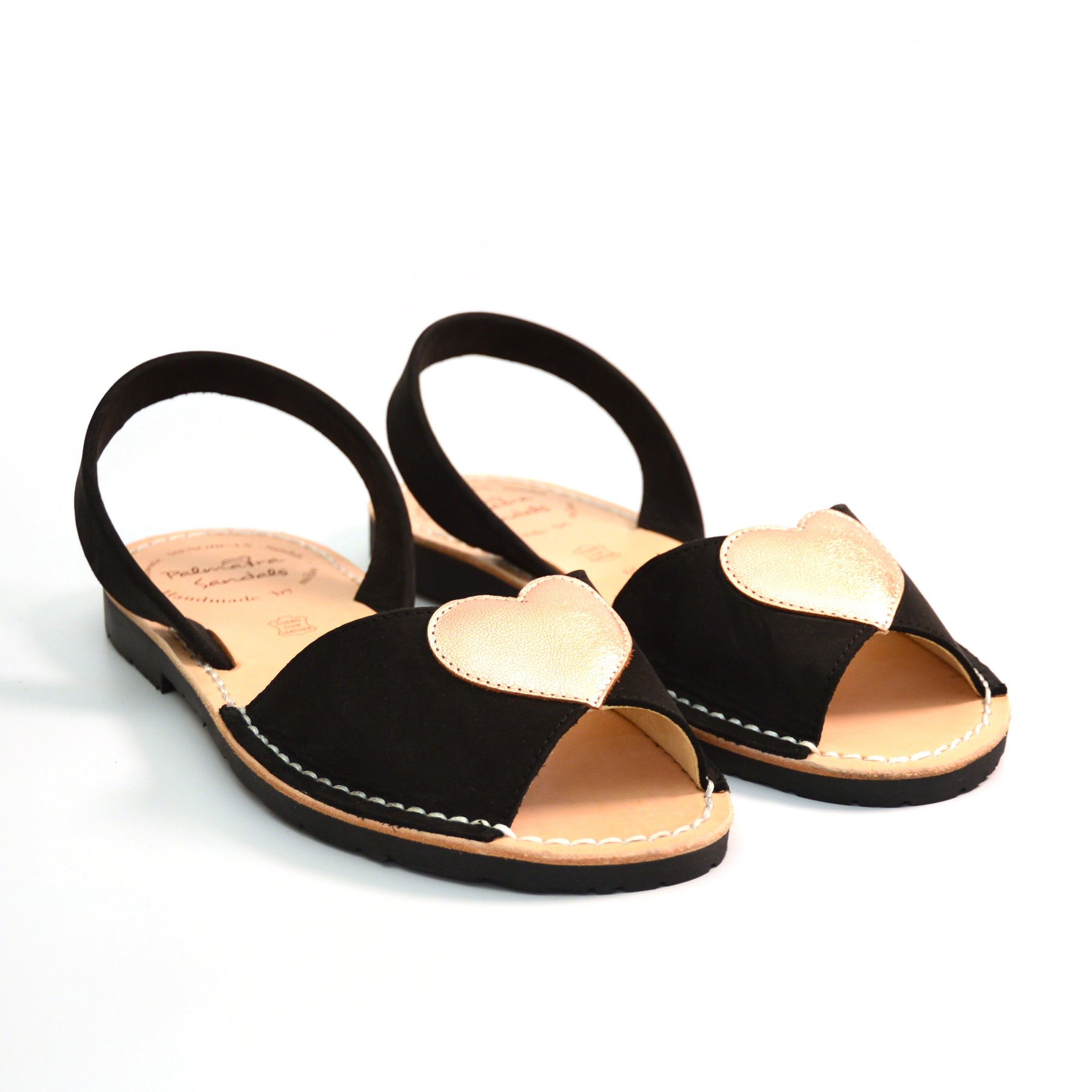 Black nubuck leather peeptoe menorcan avarca with rose gold metallic heart embellishment to upper and flexible rubber sole