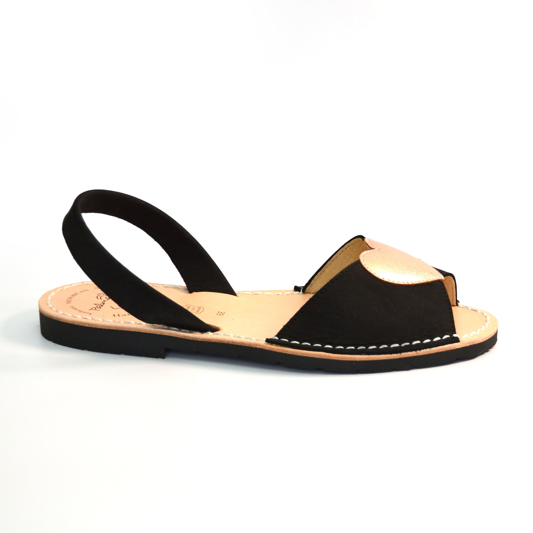 Black nubuck leather peeptoe menorcan avarca with rose gold metallic heart embellishment to upper and flexible rubber sole