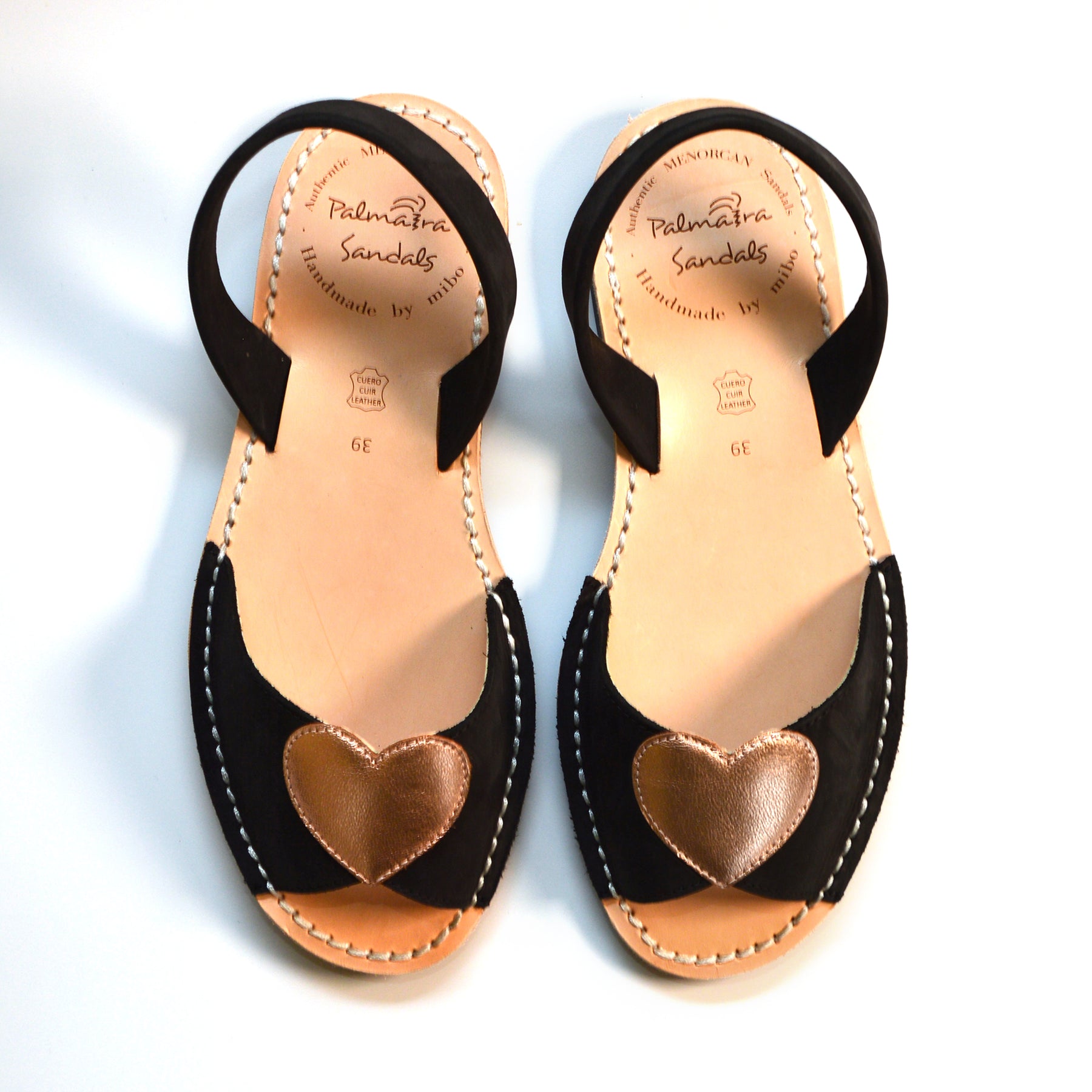 Black nubuck leather peeptoe menorcan avarca with rose gold metallic heart embellishment to upper and flexible rubber sole