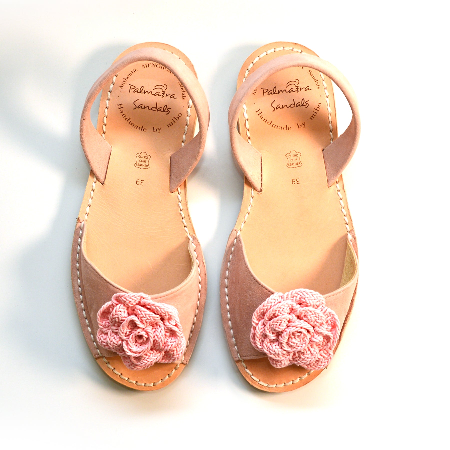 pale pink suede peeptoe slingback with flower embellishment avarcas menorcan sandals