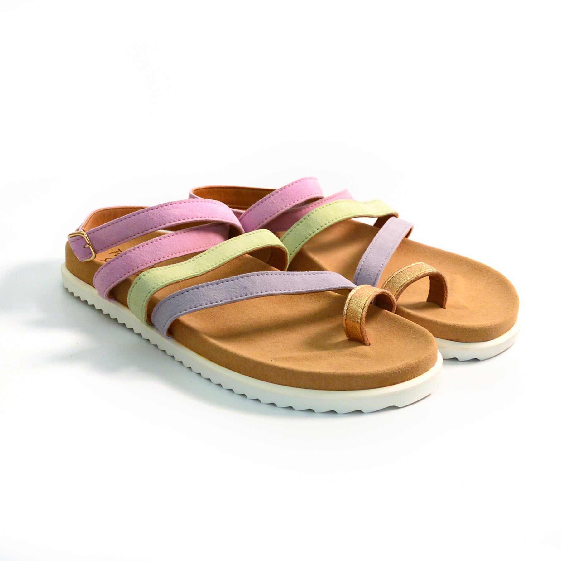 gold,lilac,pink and green strappy gladiator arch support sandals