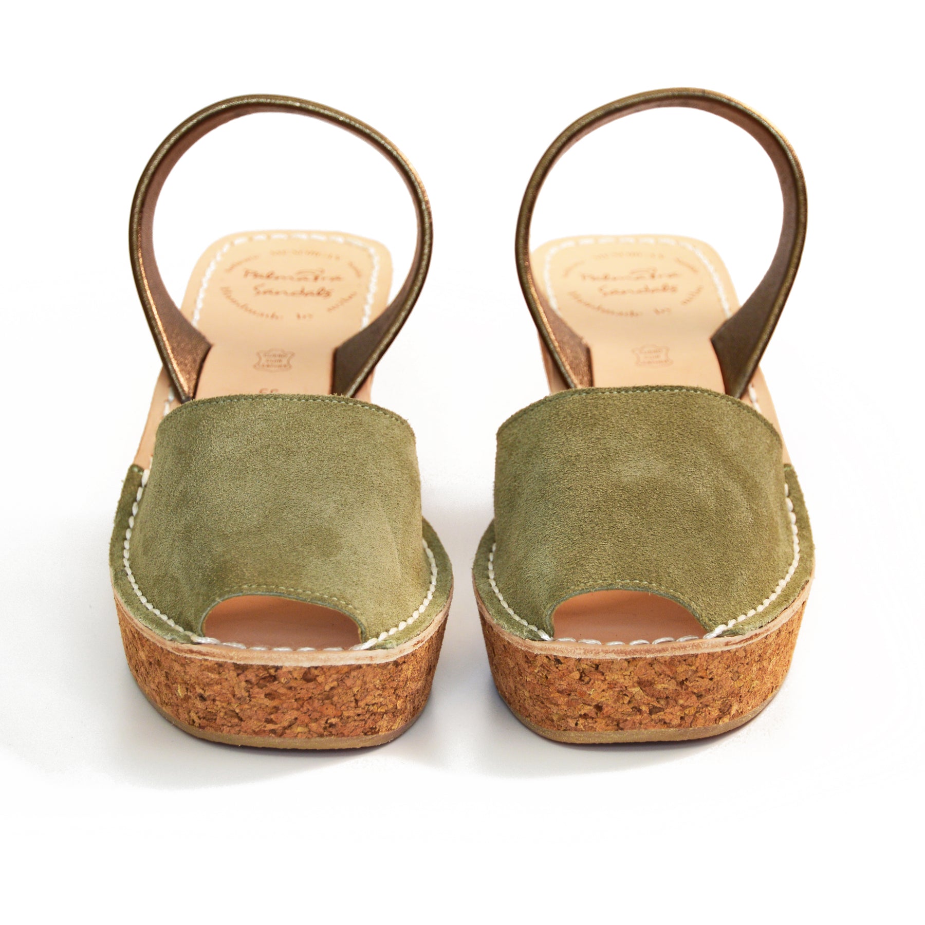 Khaki suede leather mid height avarca sandals with a lightweight cork wedge sole