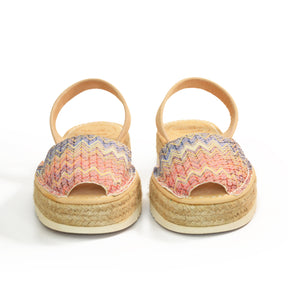 Neutral, pink and blue, Missoni inspired zig zag print upper with a neutral suede backstrap, platform Menorcan avarca sandals.