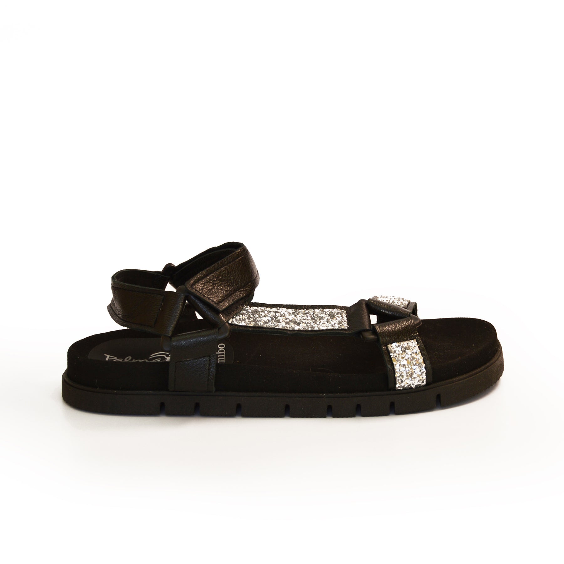 black metallic leather silver glitter strappy hiker sandals