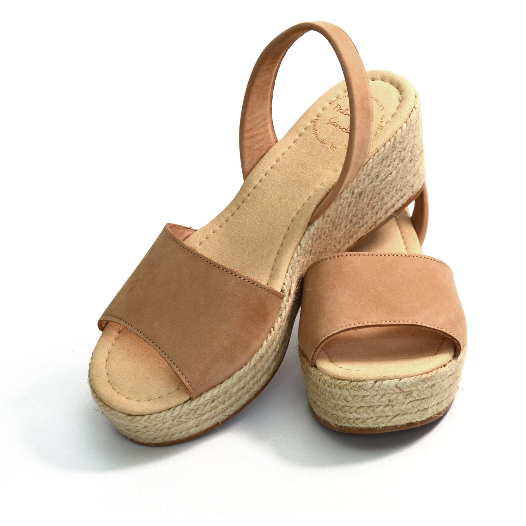 Tan nubuck leather peeptoe mid height platform avarca espadrille wedge