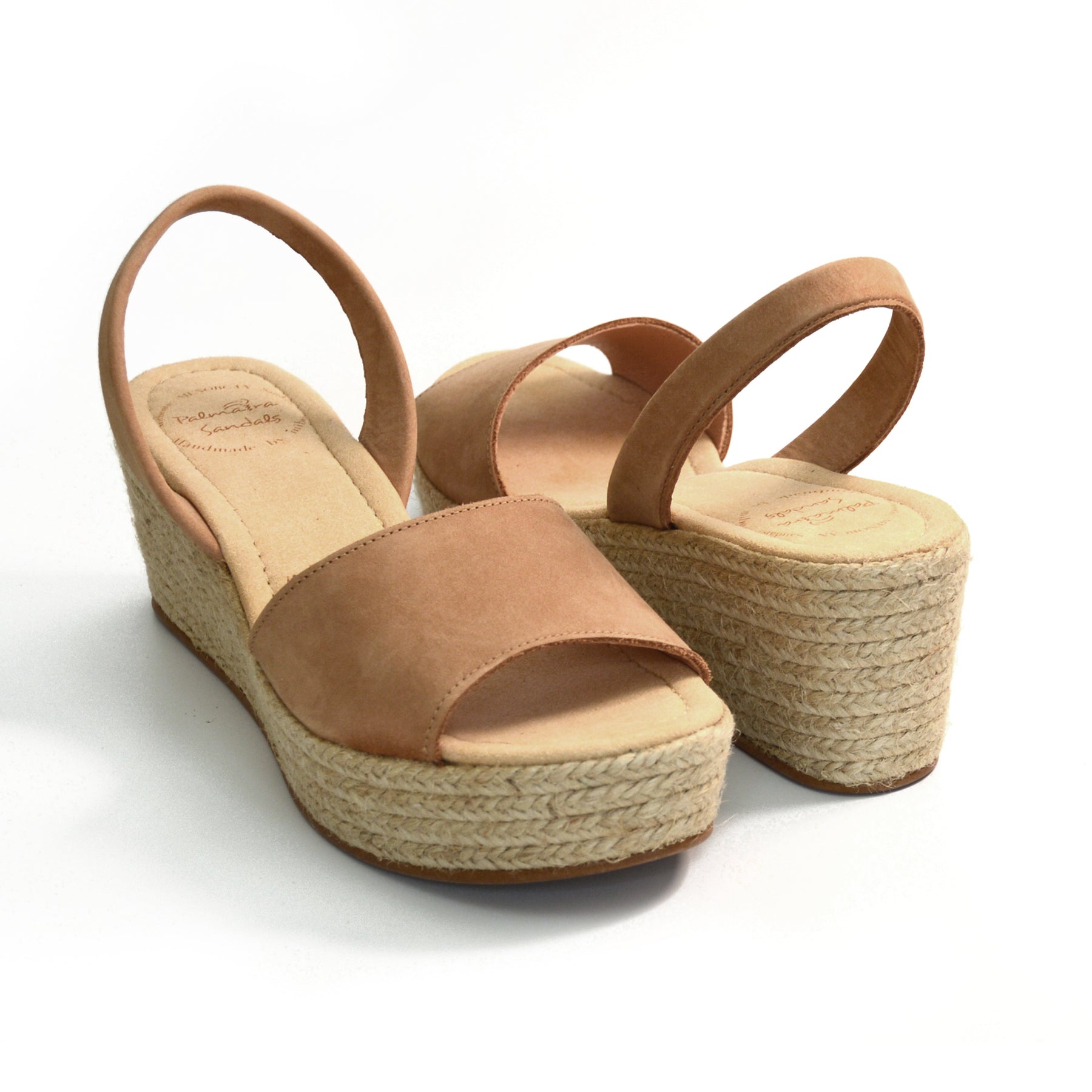 Tan nubuck leather peeptoe mid height platform avarca espadrille wedge