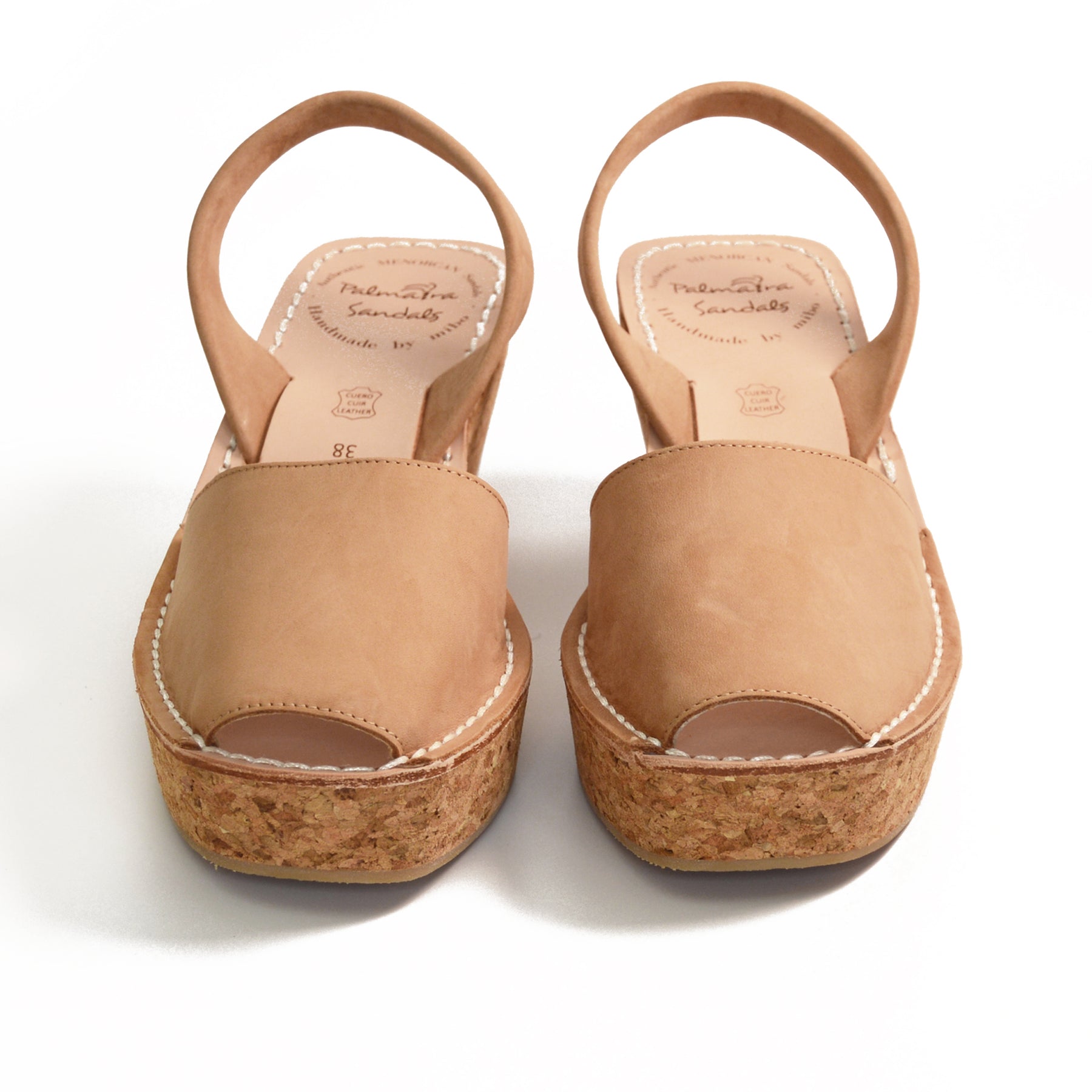 Tan nubuck leather mid height avarca slingback cork wedges