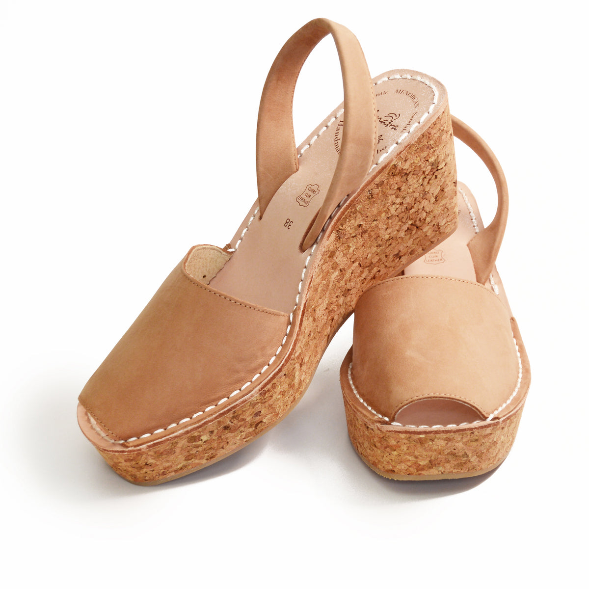 Tan nubuck leather mid height avarca slingback cork wedges