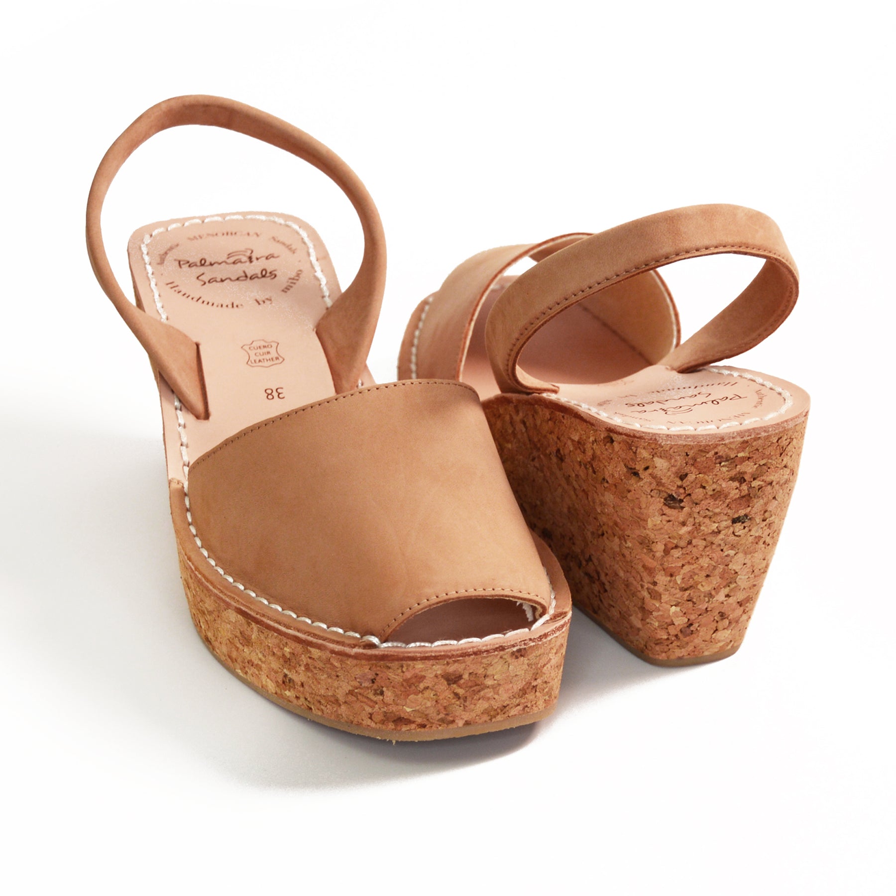 Tan nubuck leather mid height avarca slingback cork wedges