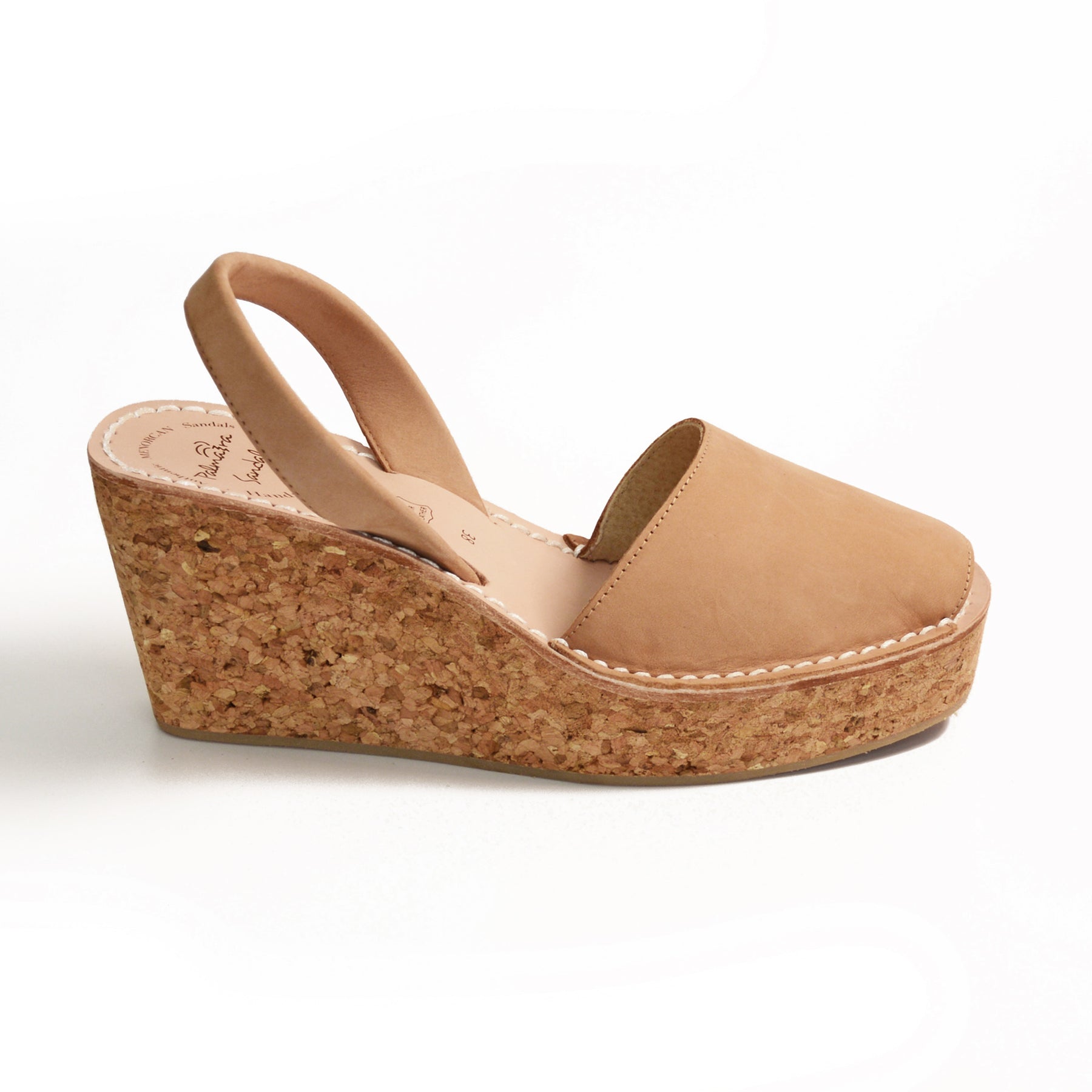 Tan nubuck leather mid height avarca slingback cork wedges